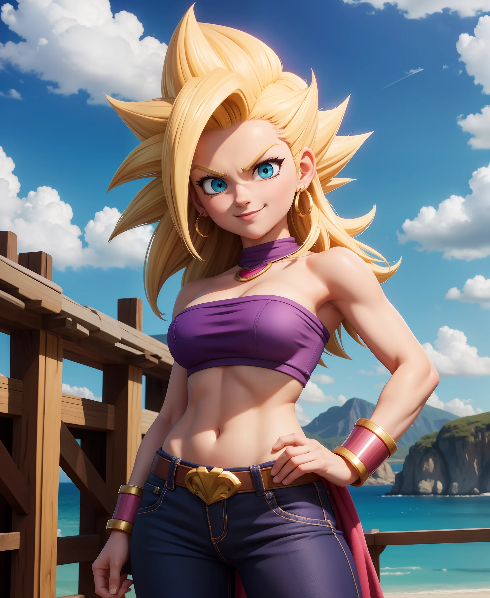 masterpiece, best quality, ssjcaulifla, blonde hair, aqua eyes, tube top, purple pants, bracers, cowboy shot, looking at viewer, smile, furrowed brow, hands to hips, sky, clouds