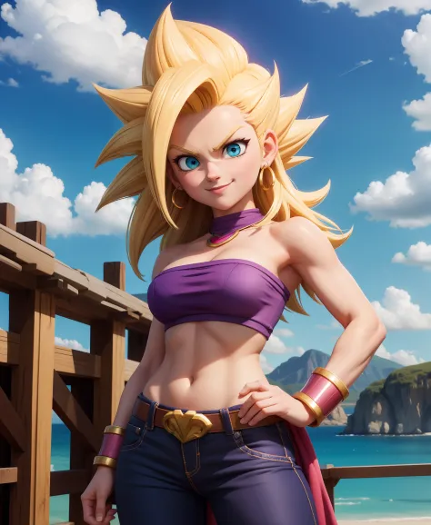 masterpiece, best quality, ssjcaulifla, blonde hair, aqua eyes, tube top, purple pants, bracers, cowboy shot, looking at viewer,...