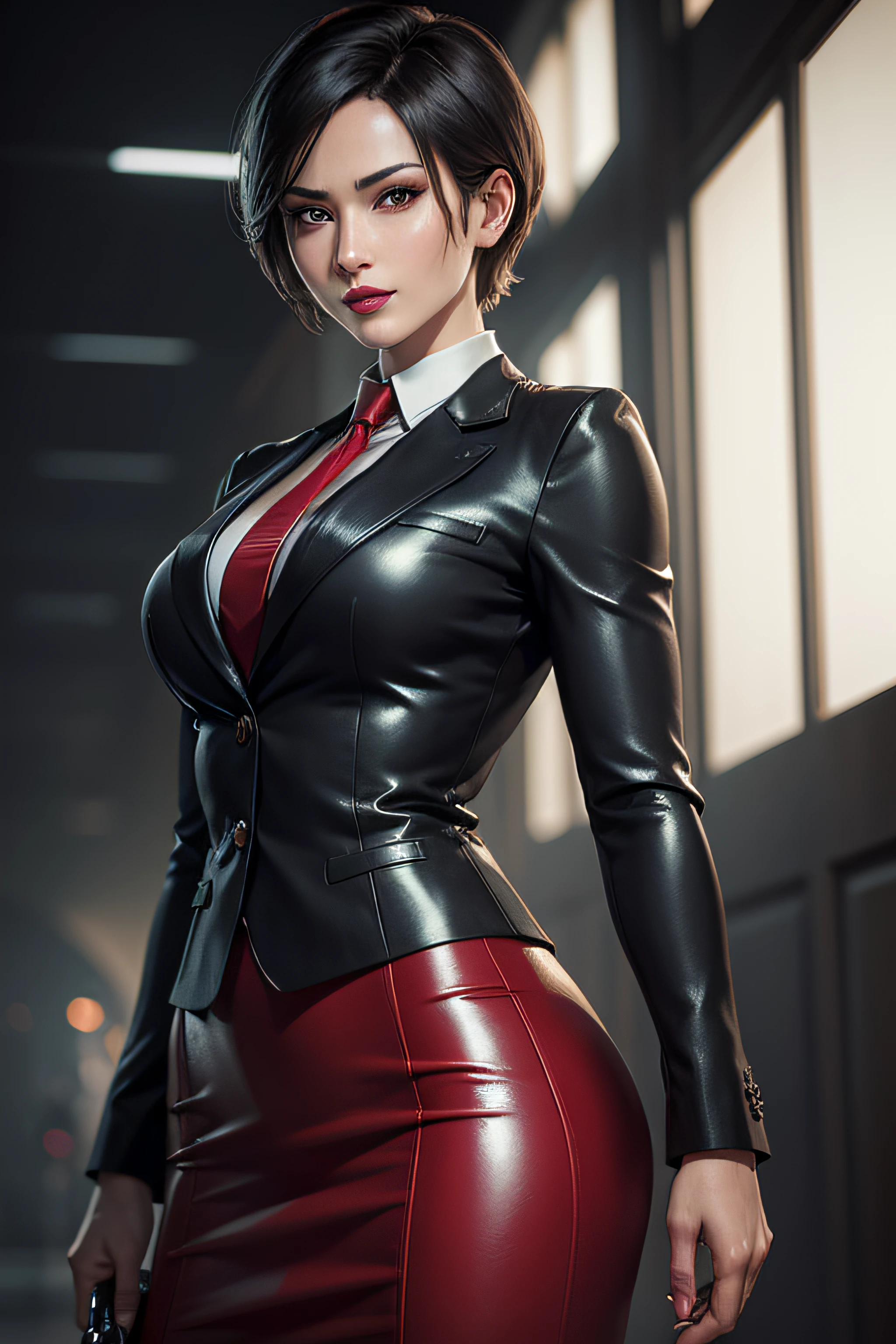 (absurdres, highres, ultra detailed), masterpiece, ada wong (resident evil), ((solo)), short hair, 1girl, skirt suit, business suit, three-piece suit, black pinstripe suit, waistcoat, red shirt, red necktie, bodycon skirt, miniskirt, closed mouth, standing, (((detailed lips))), ((realistic skin)), glowing skin, ((glossy red lips)), portrait, beautiful, smile, normal skin