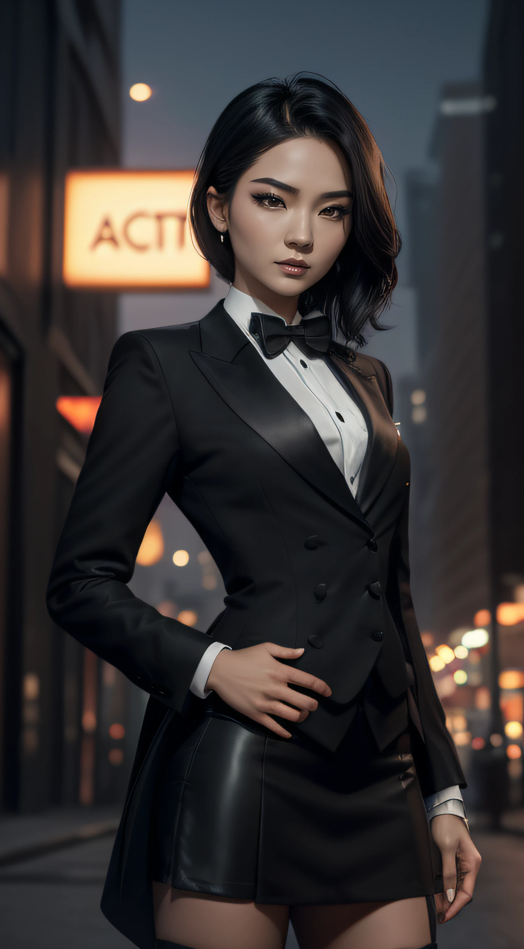 (A beautiful 25 years old Asian Hitwoman), (wolfcut black hair), (pale skin), (serious face), (wearing black and white formal tuxedo), skirt suit, (((tuxedo))), (((dress shirt))), (((black bowtie))), blazer, (((suit jacket))), (((waistcoat))), double-breasted waistcoat, (((bodycon miniskirt))), pencil skirt, tights, pantyhose, white gloves, (city at night background), view from front, waist up shot, dynamic pose, ambient lighting, photo realism, intricate face detail, intricate hand details, highly detailed, vibrant colors, cinematic, high definition, trending on Artstation--style raw, penis, cum