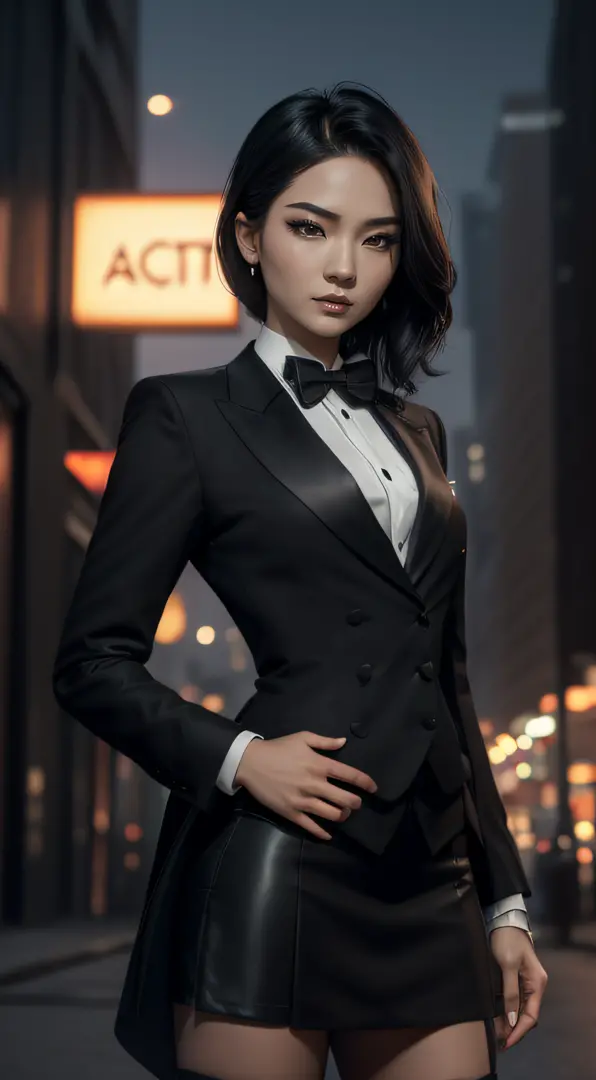 (A beautiful 25 years old Asian Hitwoman), (wolfcut black hair), (pale skin), (serious face), (wearing black and white formal tu...
