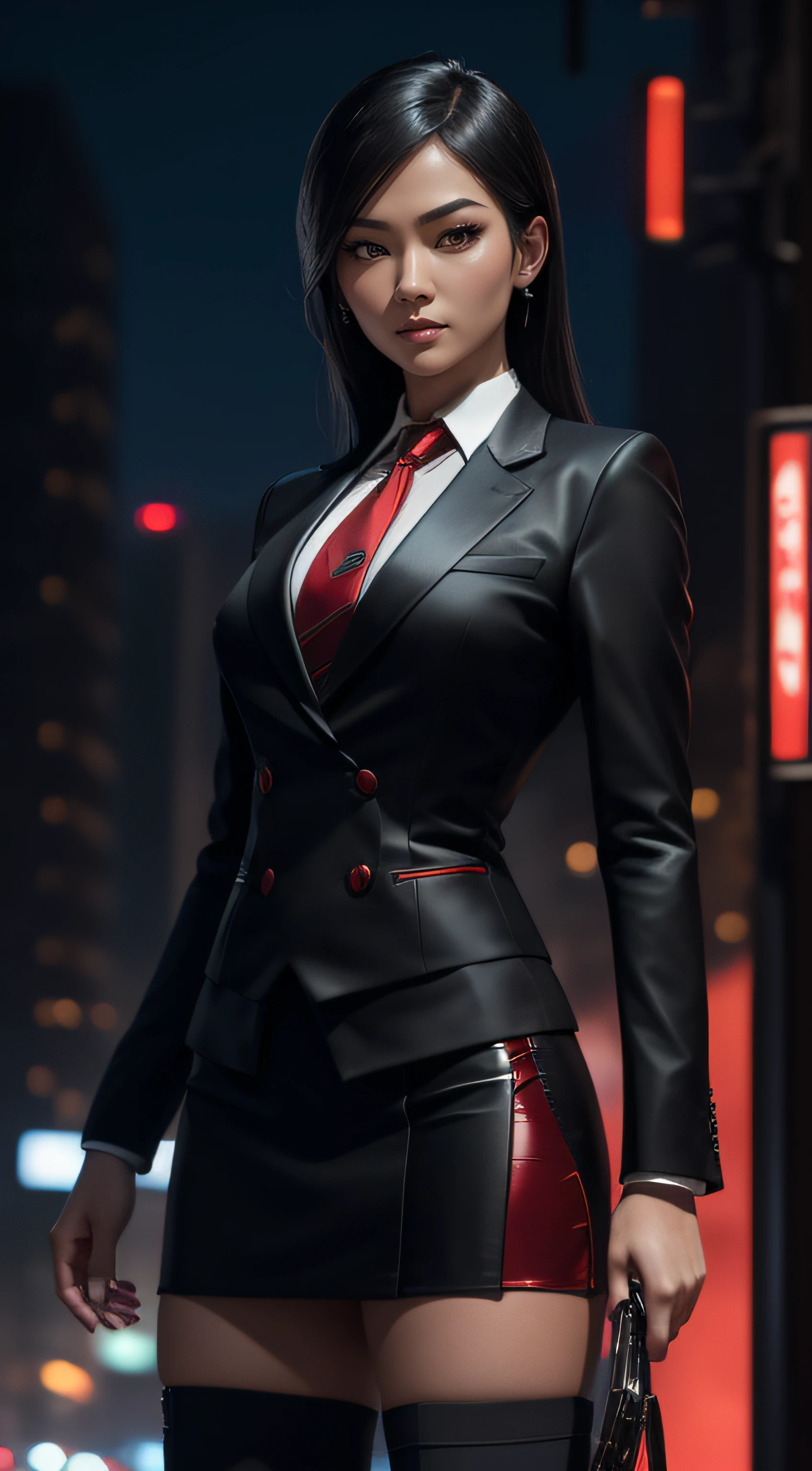 (A beautiful 25 years old Asian Hitwoman), (wolfcut black hair), (pale skin), (serious face), skirt suit, (((three-piece suit))), (((dress shirt))), (((necktie))), blazer, (((red suit jacket))), black shiny lapel (((waistcoat))), double-breasted waistcoat, (((bodycon miniskirt))), pencil skirt, tights, pantyhose, white gloves, (city at night background), view from front, waist up shot, dynamic pose, ambient lighting, photo realism, intricate face detail, intricate hand details, highly detailed, vibrant colors, cinematic, high definition, trending on Artstation--style raw,