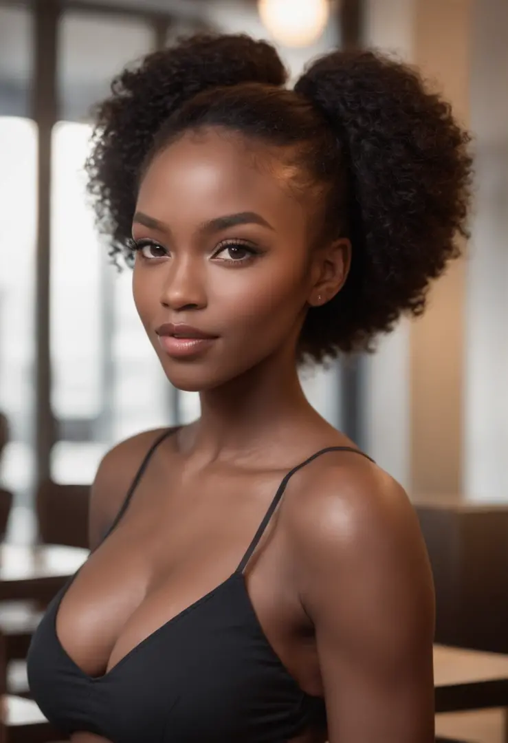 beautiful dark light skin woman, big african afro hair style, Out