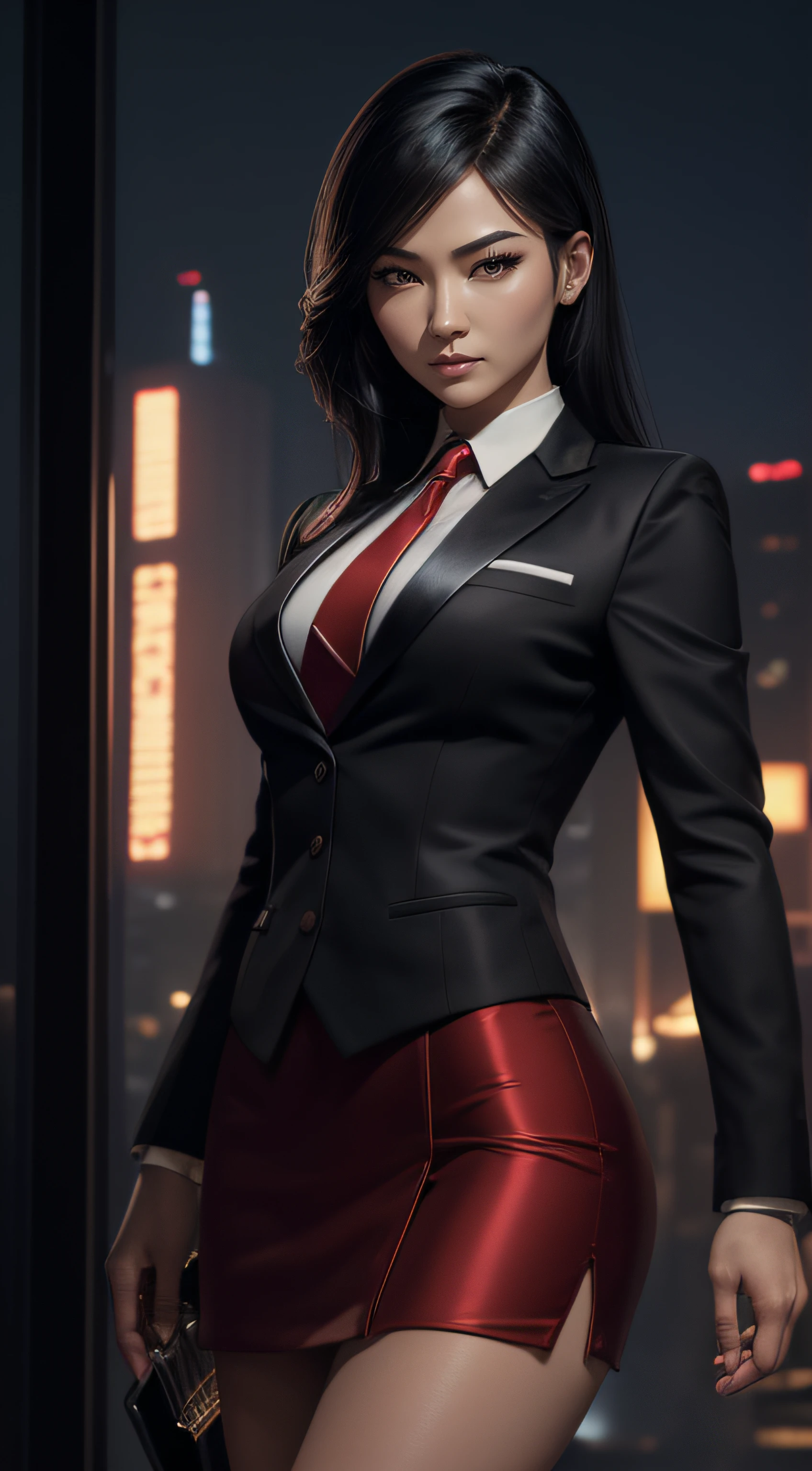 (A beautiful 25 years old Asian Hitwoman), (wolfcut black hair), (pale skin), (serious face), skirt suit, (((three-piece suit))), (((dress shirt))), (((necktie))), blazer, (((red suit jacket))), black shiny lapel (((waistcoat))), double-breasted waistcoat, (((bodycon miniskirt))), pencil skirt, tights, pantyhose, pocket square, tie clip, cufflinks, (city at night background), view from front, waist up shot, dynamic pose, ambient lighting, photo realism, intricate face detail, intricate hand details, highly detailed, vibrant colors, cinematic, high definition, trending on Artstation--style raw,