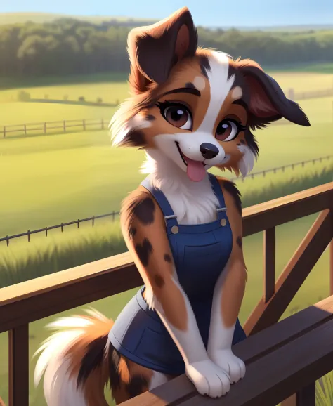 (by qupostuv35:1.0), (by siroc:0.8), female, (Detailed face), [(thin:1.1) : small petite : (Australian shepherd):4], (Detailed face), (more details, detailed background:1.1), lush eyelashes, tail, teases with tongue, (field:1.2), at the ranch, leaned on th...