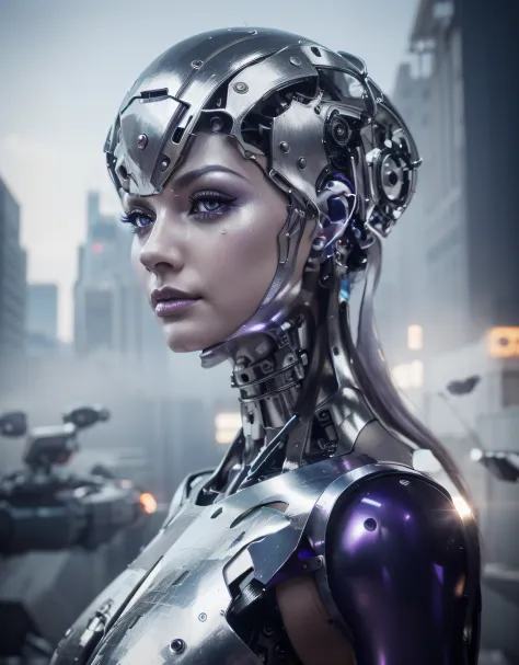 beautiful robotic woman biological face art deco style movie Metropolis metallic silver color, realistic metallic texture, purple eyes, purple details, tubes and cables, she in a city destroyed in flames, cables and pipes, ultra realistic, Ultra detailed, ...