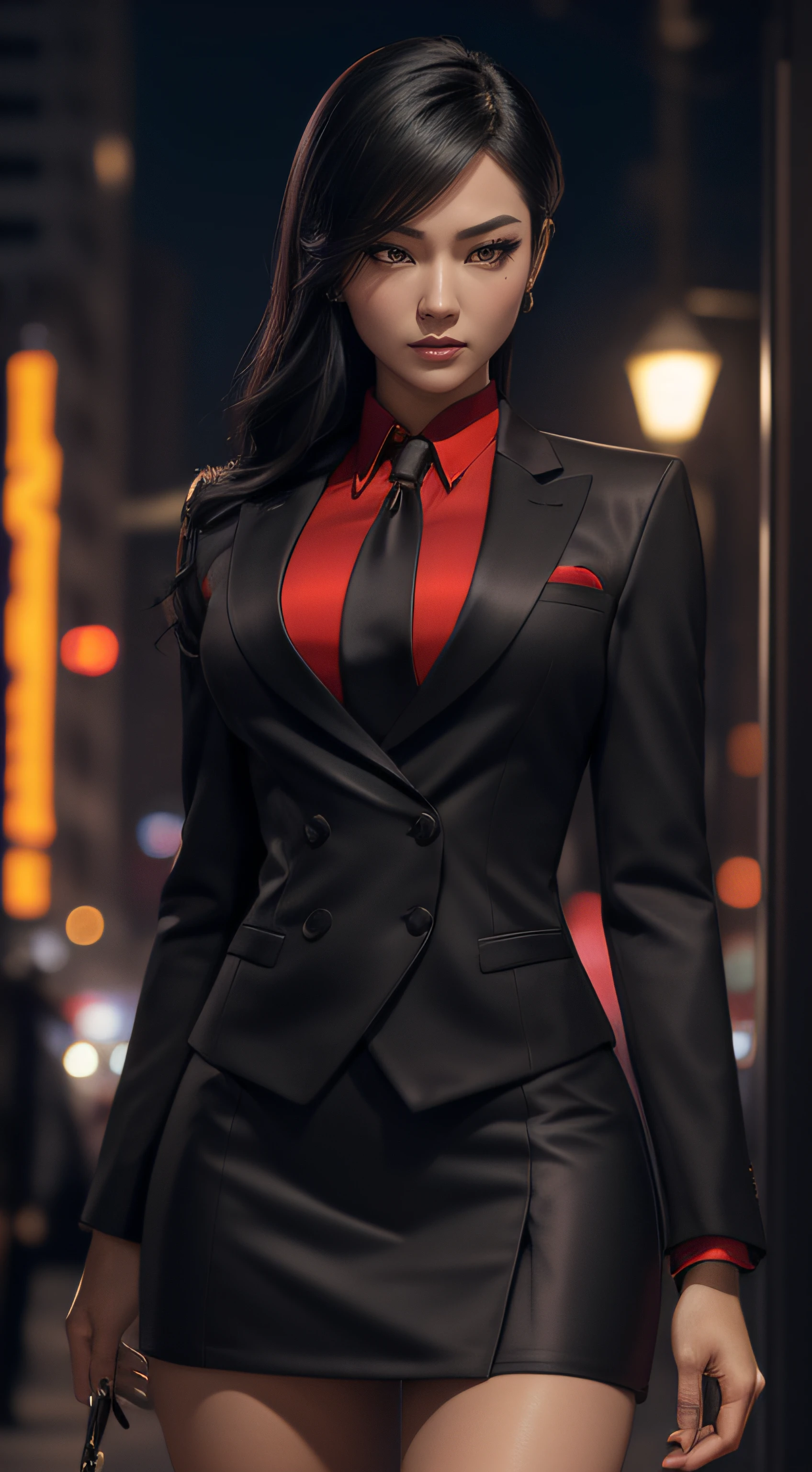 (A beautiful 25 years old Asian Hitwoman), (wolfcut black hair), (pale skin), (serious face), skirt suit, (((three-piece suit))), (((dress shirt))), (((necktie))), blazer, (((red suit jacket))), black shiny lapel (((waistcoat))), double-breasted waistcoat, (((bodycon miniskirt))), pencil skirt, tights, pantyhose, pocket square, tie clip, cufflinks, (city at night background), view from front, waist up shot, dynamic pose, ambient lighting, photo realism, intricate face detail, intricate hand details, highly detailed, vibrant colors, cinematic, high definition, trending on Artstation--style raw, on hands and knees, , aroused,