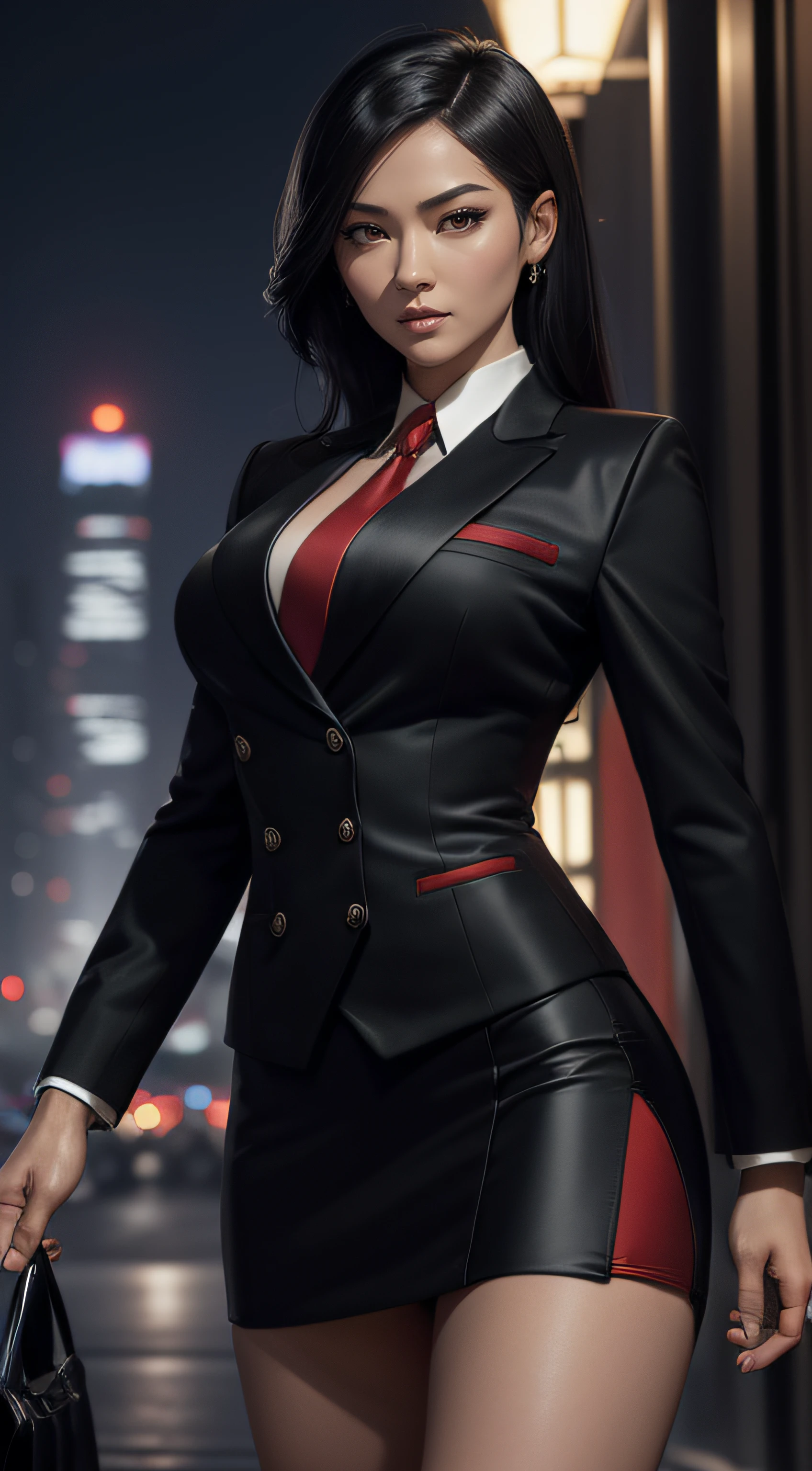 (A beautiful 25 years old Asian Hitwoman), (wolfcut black hair), (pale skin), (serious face), skirt suit, (((three-piece suit))), (((dress shirt))), (((necktie))), blazer, (((red suit jacket))), black shiny lapel (((waistcoat))), double-breasted waistcoat, (((bodycon miniskirt))), pencil skirt, tights, pantyhose, pocket square, tie clip, cufflinks, (city at night background), view from front, waist up shot, dynamic pose, ambient lighting, photo realism, intricate face detail, intricate hand details, highly detailed, vibrant colors, cinematic, high definition, trending on Artstation--style raw, on hands and knees, , aroused,