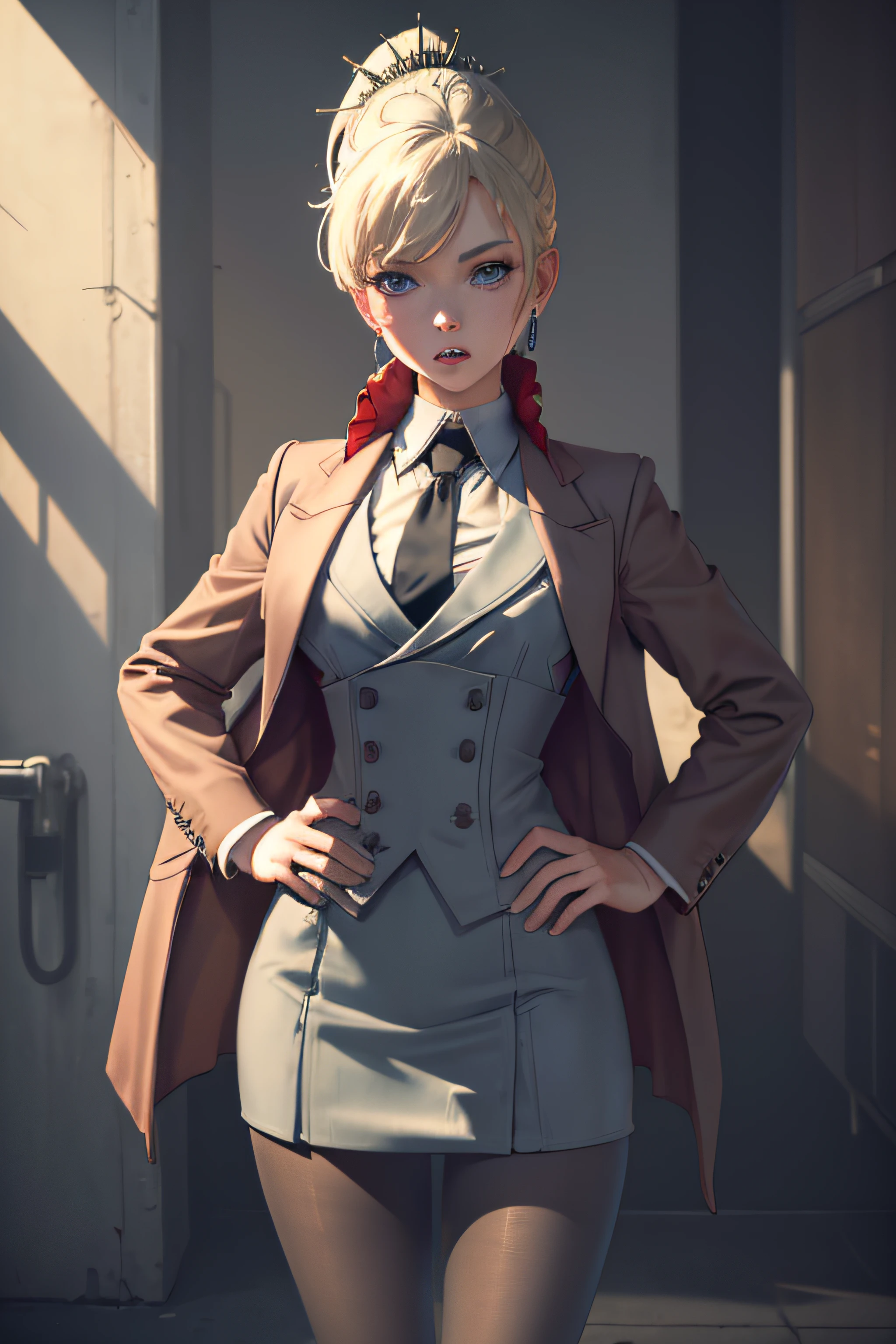 (masterpiece, best quality:1.2), cowboy shot, solo, 1girl, weissvale, looking at viewer, hand on hip, ponytail, scar on eye,  skirt suit, (((three-piece suit))), necktie, blazer, (((suit jacket))), (((waistcoat))), double-breasted waistcoat, bodycon miniskirt, pencil skirt, tie clip, pocket square, pocket watch, pantyhose, high heels, earrings, sloppy fellatio
fellatio
saliva