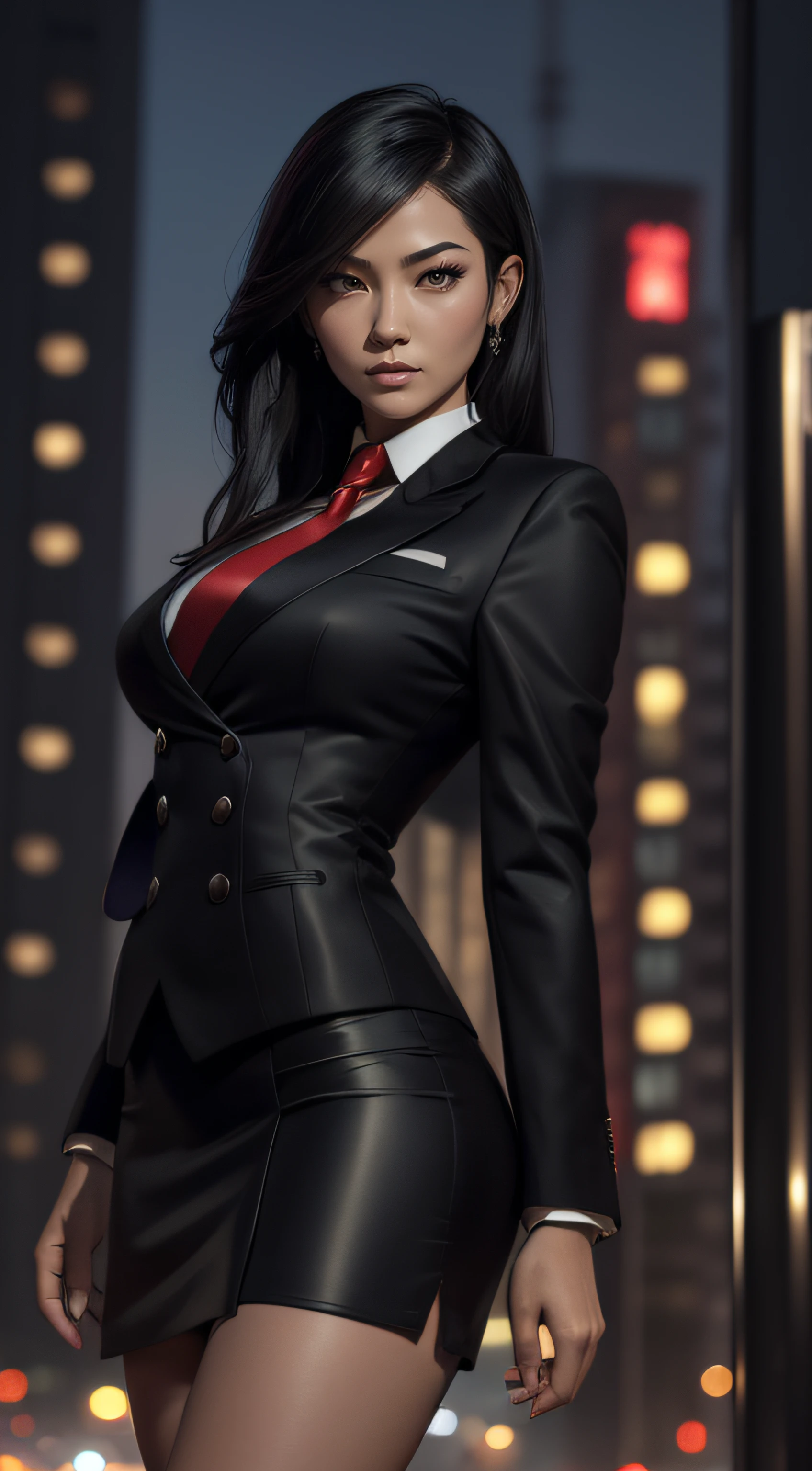 (A beautiful 25 years old Asian Hitwoman), (wolfcut black hair), (pale skin), (serious face), skirt suit, (((three-piece suit))), (((dress shirt))), (((necktie))), blazer, (((red suit jacket))), black shiny lapel (((waistcoat))), double-breasted waistcoat, (((bodycon miniskirt))), pencil skirt, tights, pantyhose, pocket square, tie clip, cufflinks, (city at night background), view from front, waist up shot, dynamic pose, ambient lighting, photo realism, intricate face detail, intricate hand details, highly detailed, vibrant colors, cinematic, high definition, trending on Artstation--style raw, on hands and knees, horny, aroused,