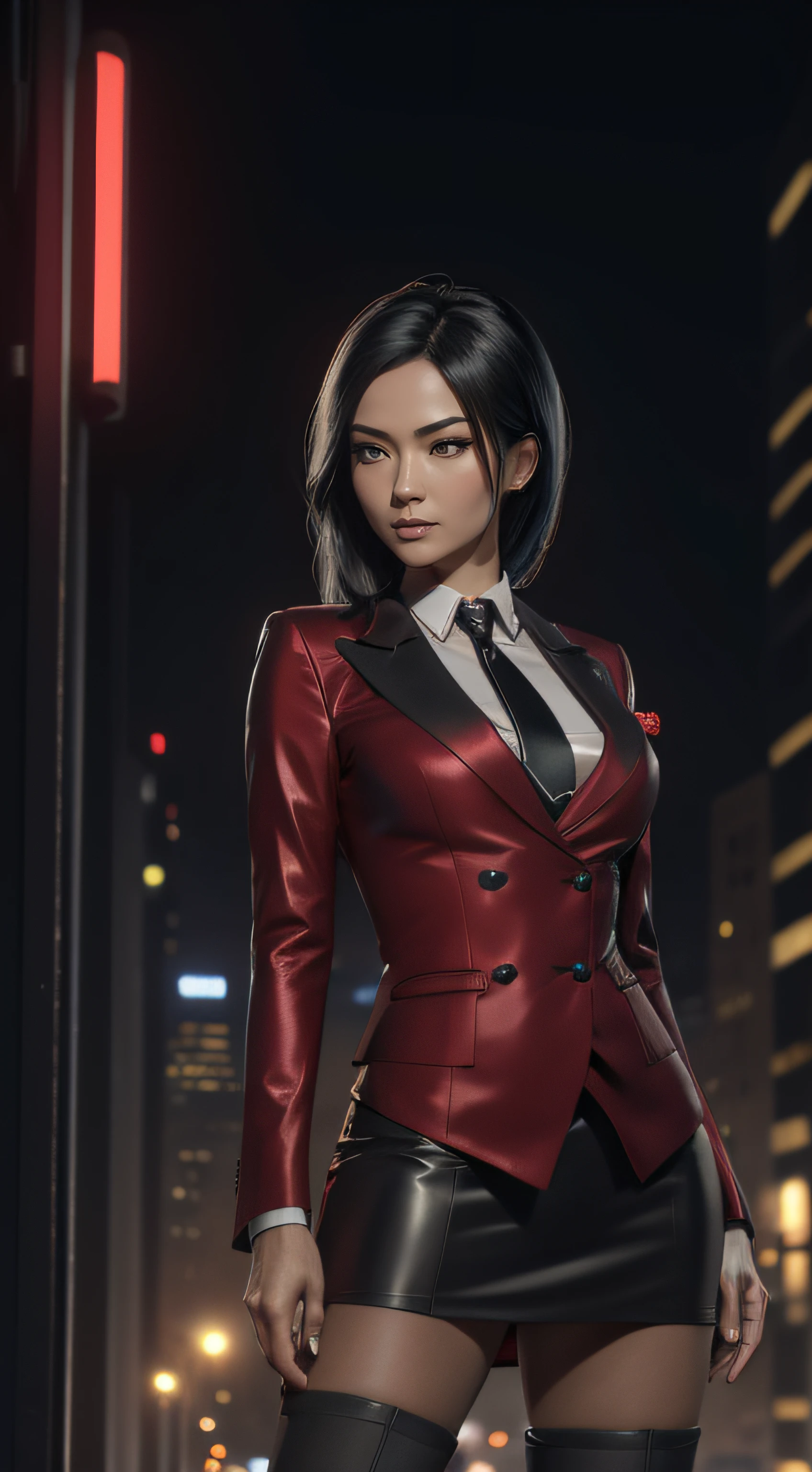 (A beautiful 25 years old Asian Hitwoman), (wolfcut black hair), (pale skin), (serious face), skirt suit, (((three-piece suit))), (((dress shirt))), (((necktie))), blazer, (((red suit jacket))), black shiny lapel (((waistcoat))), double-breasted waistcoat, (((bodycon miniskirt))), pencil skirt, tights, pantyhose, pocket square, tie clip, cufflinks, (city at night background), view from front, waist up shot, dynamic pose, ambient lighting, photo realism, intricate face detail, intricate hand details, highly detailed, vibrant colors, cinematic, high definition, trending on Artstation--style raw, on hands and knees, , aroused,