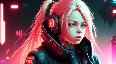 BLONDE LONG HAIRED CHILD GIRL,  com capuz vermelho sentada em frente a um computador, hacker cyberpunk, 3 d render bipe, estilo cyberpunk hiper-realista, Garota de anime cyberpunk com capuz, red and cinematic lighting, Cybernetic style, cinematic beeple, b...