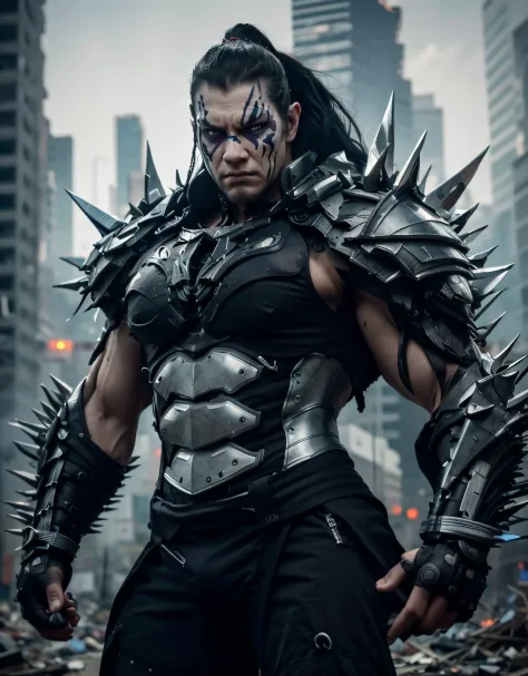 very muscular man white skin long black hair taken in a ponytail shaved at the sides, rude angry face painted black and white, black biomechanical style armor with many purple tips, tubes and cables, he is in a city completely destroyed in flames rubble , ...
