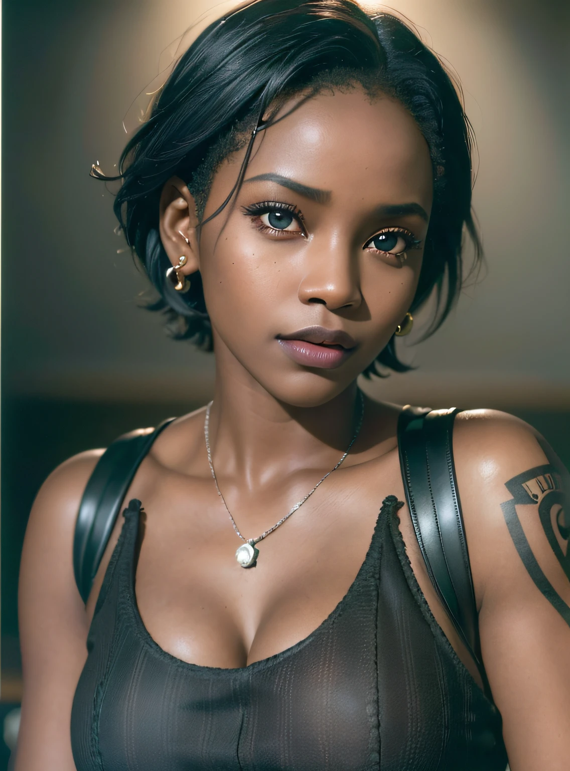 (close-up, editorial photograph of a Beautiful black girl, African girl, school girl outfit, dark skin, short haircut, full sleeve tattoos and piercings, cleavage, busty,  , POV, by lee jeffries, nikon d850, film stock photograph ,4 kodak portra 400 ,camera f1.6 lens ,rich colors ,hyper realistic ,lifelike texture, dramatic lighting , cinestill 800,), (highly detailed face:1.4), perfect eyes, realistic iris, perfect teeth, (smile:0.7), (background inside dark, moody, private study:1.3)
