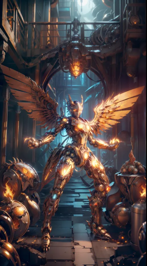 (highres,masterpiece:1.2),(robotic,mechanical),(mechanical fire phoenix,transforming transformers),(detailed metal structure,majestic wings,sharp claws),(vivid colors,metallic shine),(fierce expression,glowing red eyes),(dynamic pose,aggressive stance),(sc...