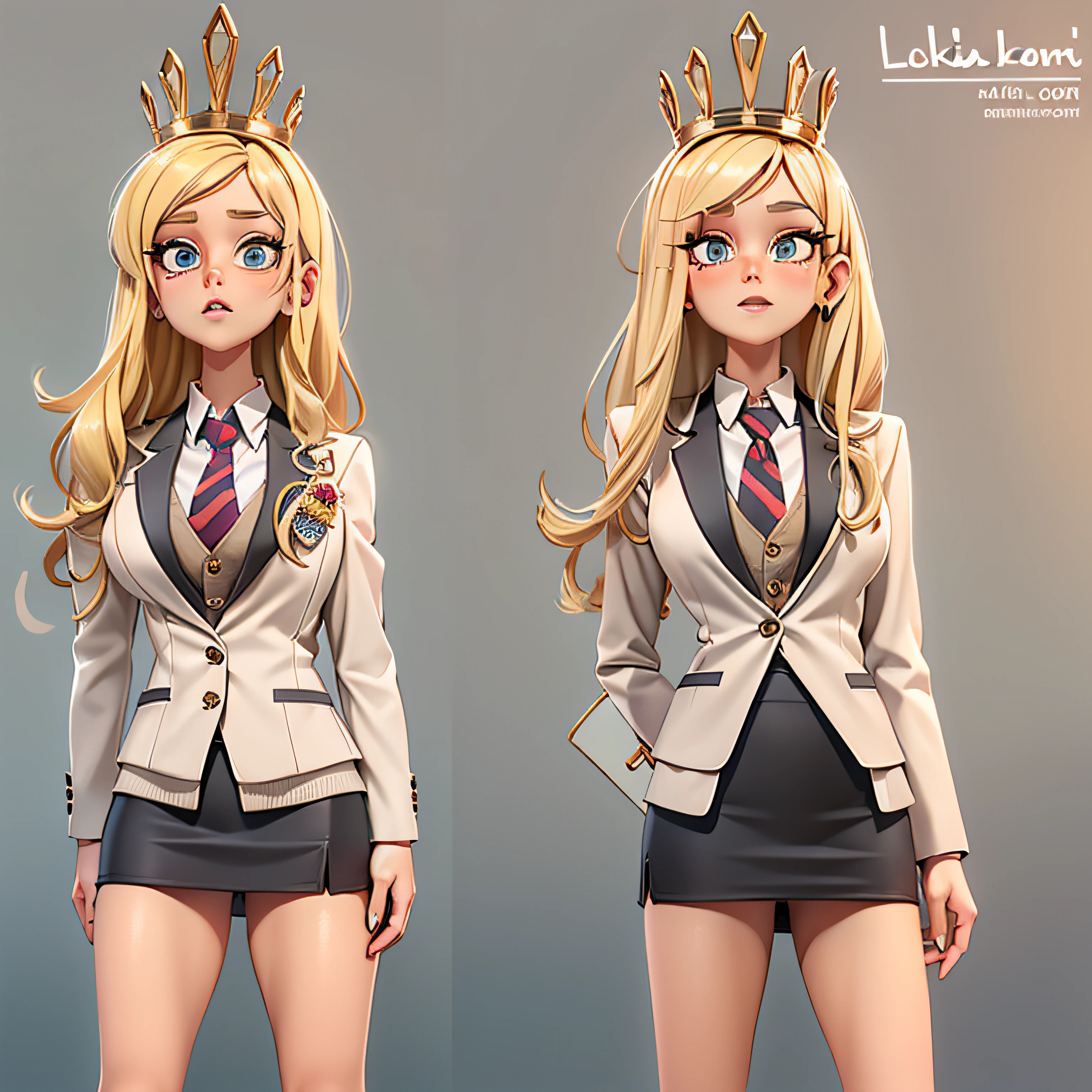 Lola loud, 1 woman, solo, long hair, skirt suit, (((three-piece suit))), (((necktie))), blazer, (((suit jacket))), (((waistcoat))), double-breasted waistcoat, bodycon miniskirt, pencil skirt, crown, full body, curvy arms, defined legs, beautiful, long socks, curvilinear legs, blonde hair