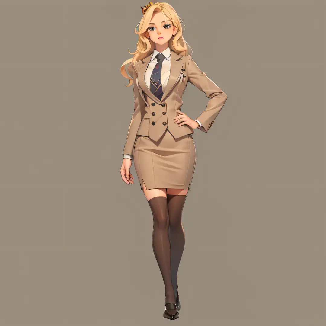 1 woman, solo, long hair, skirt suit, (((three-piece suit))), (((necktie))), blazer, (((suit jacket))), (((waistcoat))), double-...