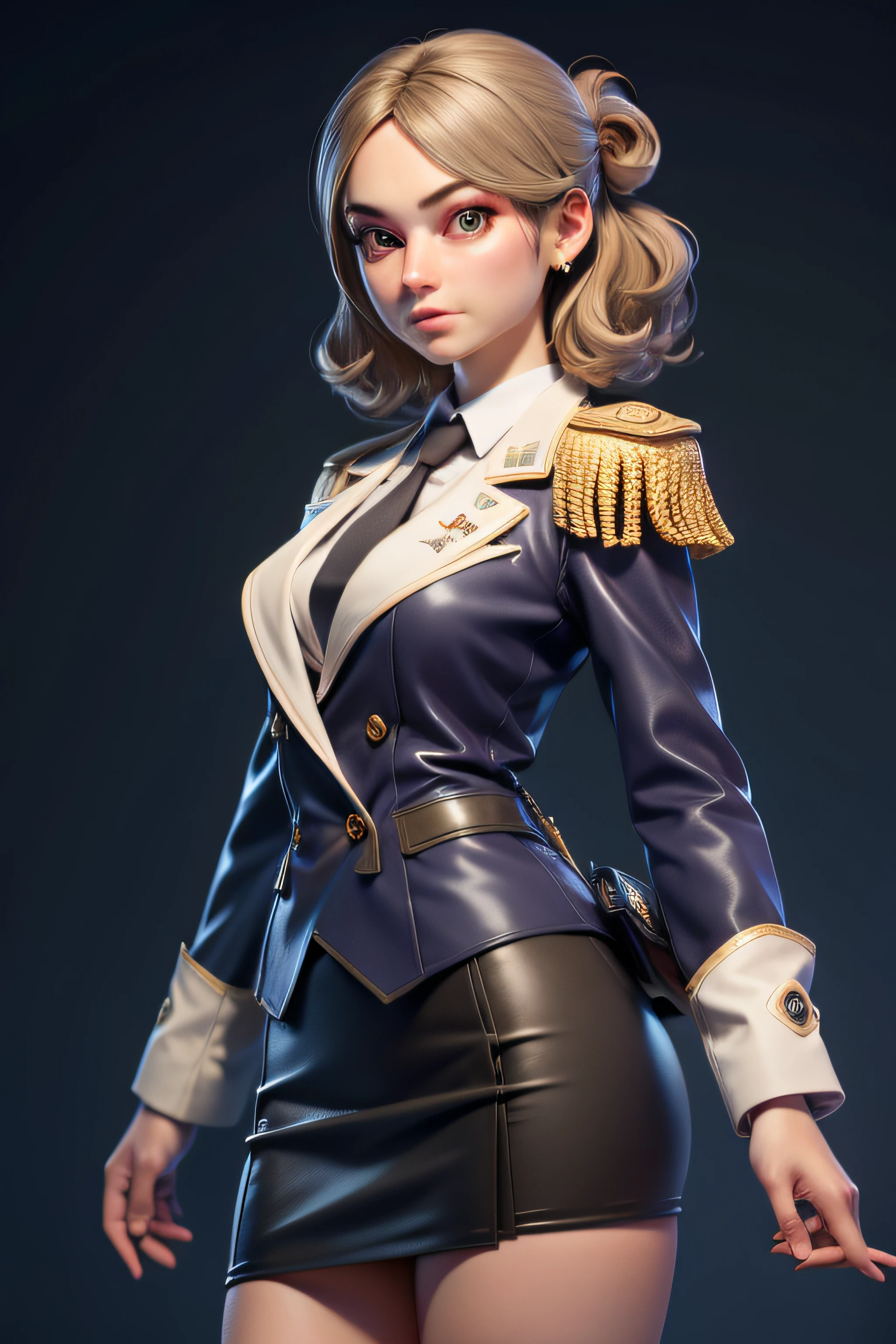 3dmm style,(masterpiece, top quality, best quality, official art, beautiful and aesthetic:1.2), (fractal art:1.3), 1girl, katori, beautiful, high detailed, dark lighting, serious face, looking the sky, sky, medium shot, military uniform, skirt suit, dress shirt, necktie, blazer, suit jacket, bodycon miniskirt, pencil skirt, epaulettes