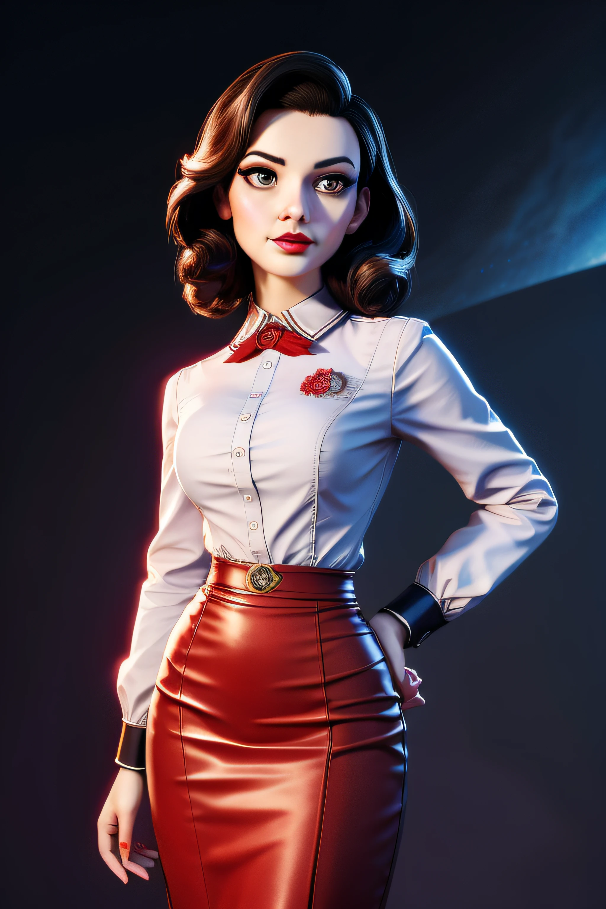 3dmm style,(masterpiece, top quality, best quality, official art, beautiful and aesthetic:1.2), (fractal art:1.3), 1girl, elizabeth comstock, red lipstick, shirt, pencil skirt, beautiful, high detailed, dark lighting, serious face, looking the sky, sky, medium shot,