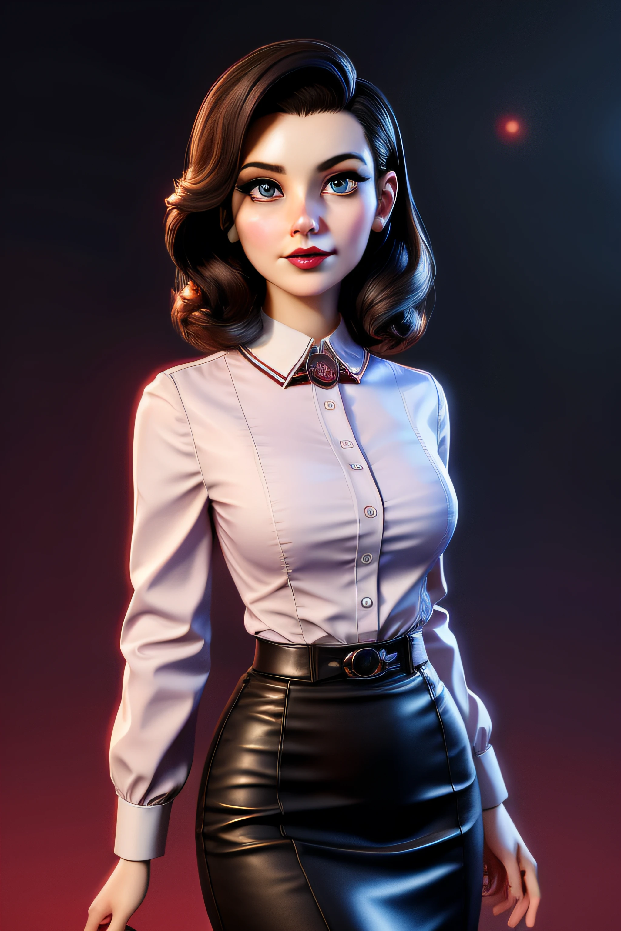 3dmm style,(masterpiece, top quality, best quality, official art, beautiful and aesthetic:1.2), (fractal art:1.3), 1girl, elizabeth comstock, red lipstick, shirt, pencil skirt, beautiful, high detailed, dark lighting, serious face, looking the sky, sky, medium shot,