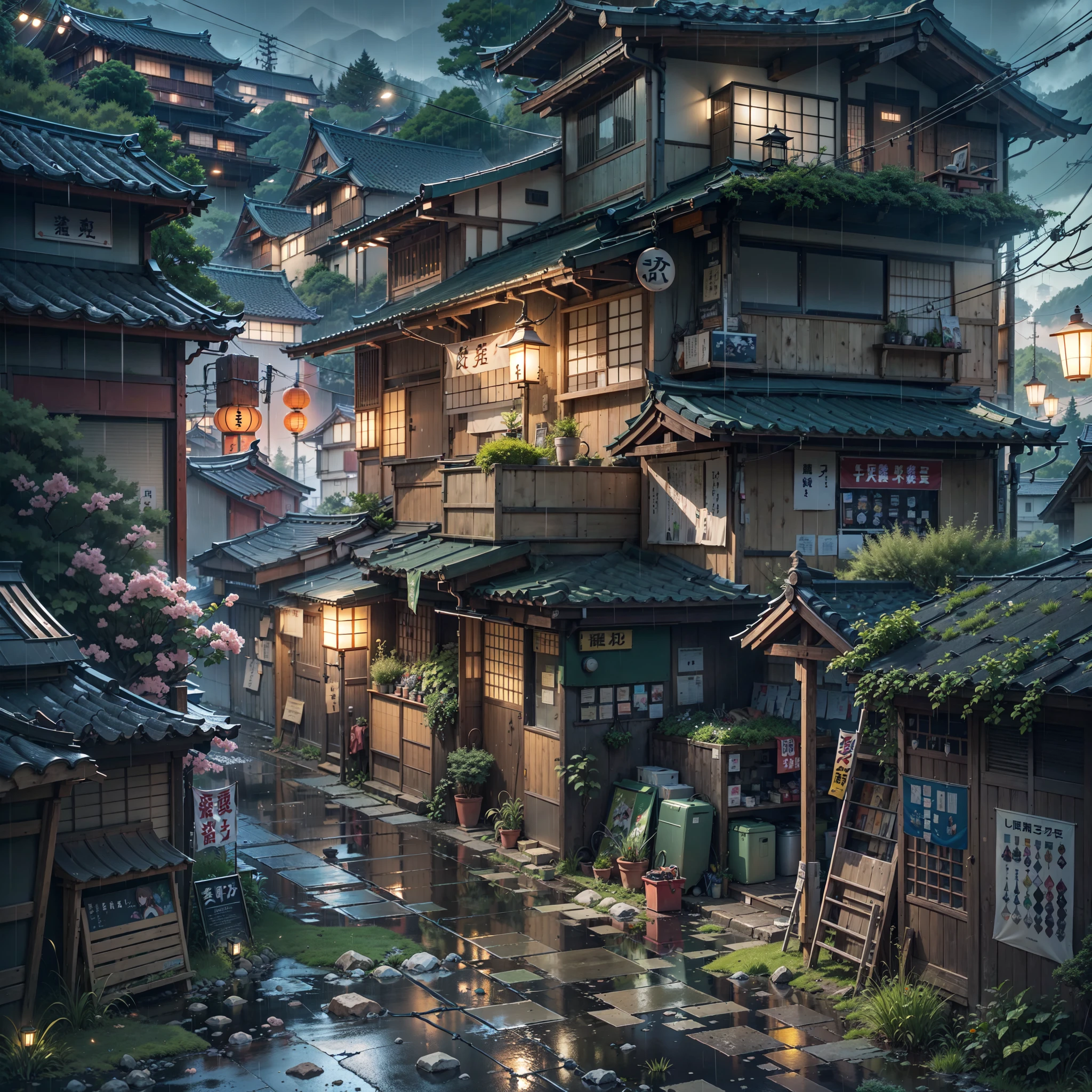 anime, anime style, anime vibe, japan, anime wallpaper, anime background, japanese village, anime background art, japanese town, scenery artwork, anime countryside landscape, beautiful anime scenery, anime scenery, japanese street, anime scenery concept art, beautiful anime scene, detailed scenery, , scenery art detailed, no one in sight, (no one: 1), japanese shop banners, rocks scattered, air vents, gutters, telephone wires, wires, cables, air ventilation systems, lanterns, rain, raining, heavy rain, dramatic weather, puddles on the floor, rain falling from the sky, rain drops, best quality, masterpiece, overgrown grass, mountains, narrow path, compact, wet