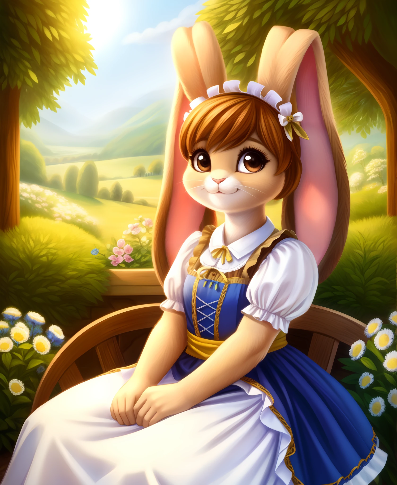 Traditional german dress, dirndl, traditional bavarian attire, tranquil garden, solitary girl, ream the rabbit , adorable face, cute expression, perfect anatomy, beautiful scenery, detailed face.