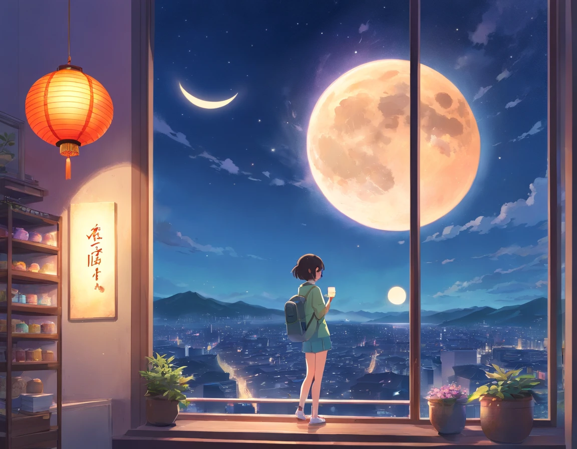 A woman standing in front of a window looking at the moon - SeaArt AI