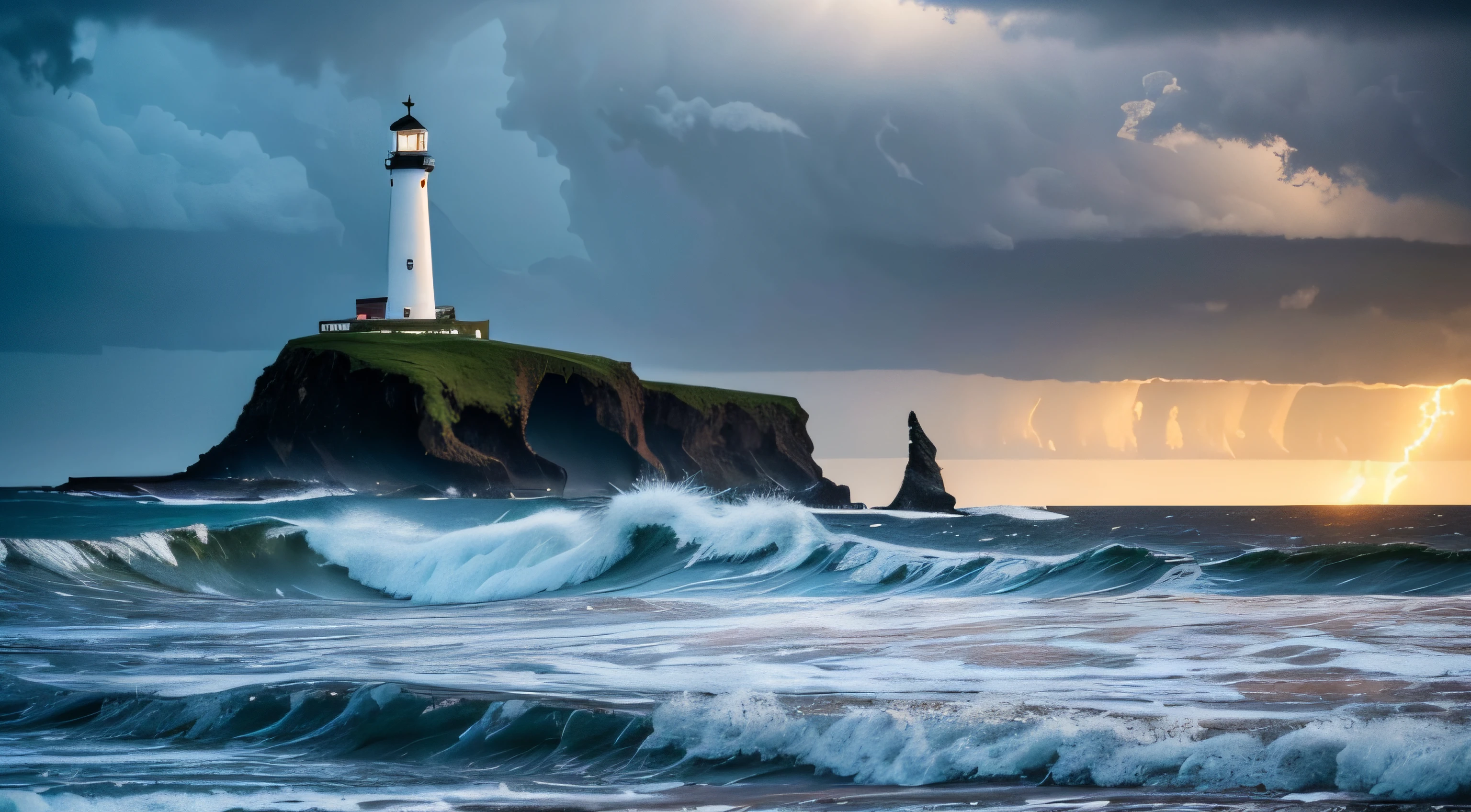 (best quality,8k,highres,masterpiece:1.2),ultra-detailed,realistic,stormy day,stormy sea,turbulent waves,lighthouse standing tall,haunting atmosphere,dramatic sky,dark clouds,striking contrast,thunder,lightning,beacon of hope,powerful storm,ominous,unsettling,majestic silhouette,picturesque scenery,secluded location,turbulent waters,force of nature,impressive structure,unyielding,sense of danger,endurance,strong foundations,isolated yet resilient,beauty in chaos