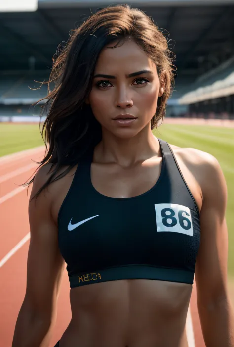 beautiful mature college girl, in track outfit, outside on track field, ((slim, petite)), photorealistic, photo, masterpiece, realistic, realism, photorealism, high contrast, photorealistic digital art trending on Artstation 8k HD high definition detailed ...