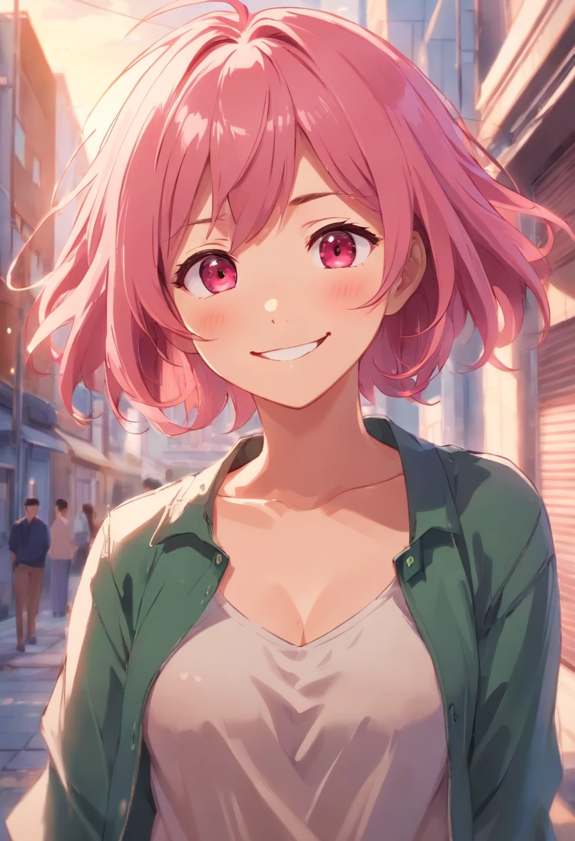 Anime girl with pink hair and green jacket standing in the street - SeaArt  AI