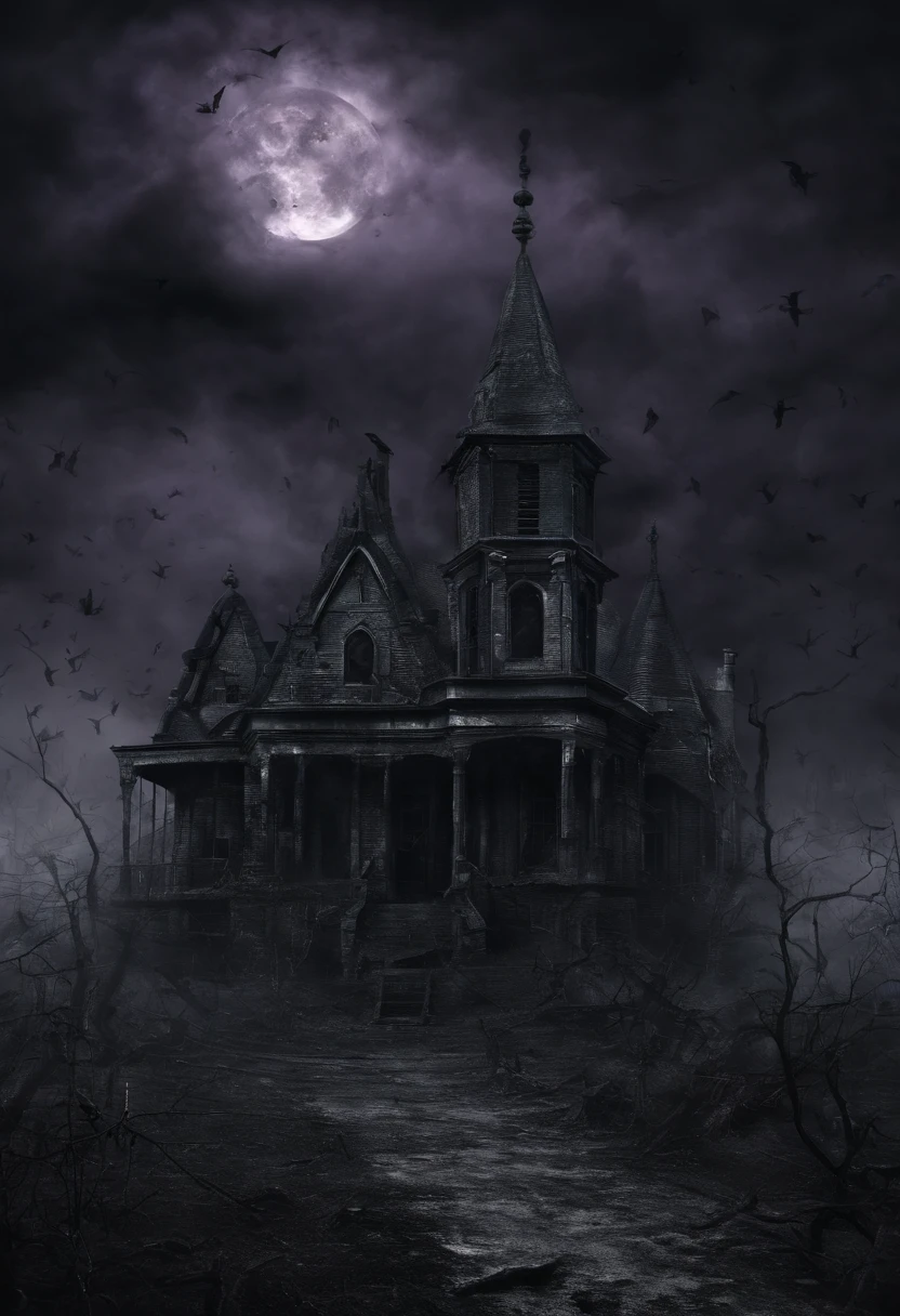 A dark and spooky house with a full moon in the background - SeaArt AI