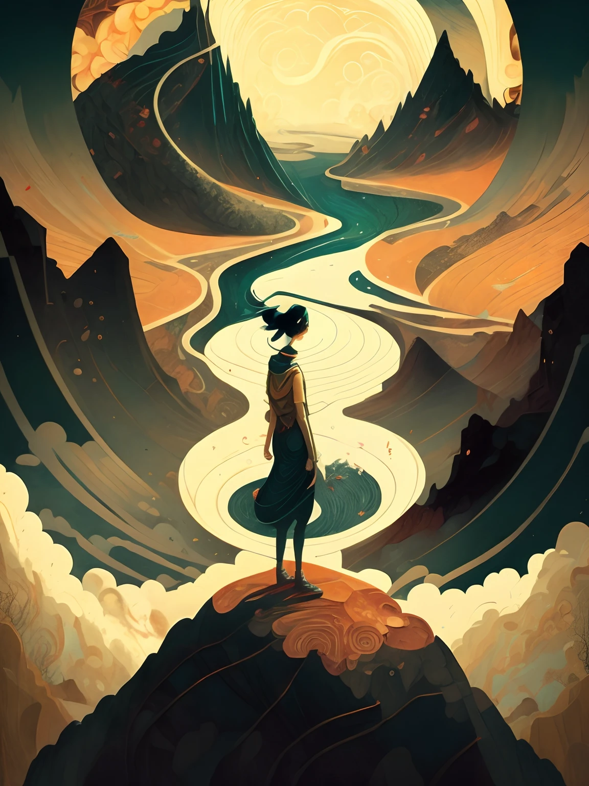 una pintura de una persona de pie frente a una montaña con un río que la atraviesa por Victo Ngai