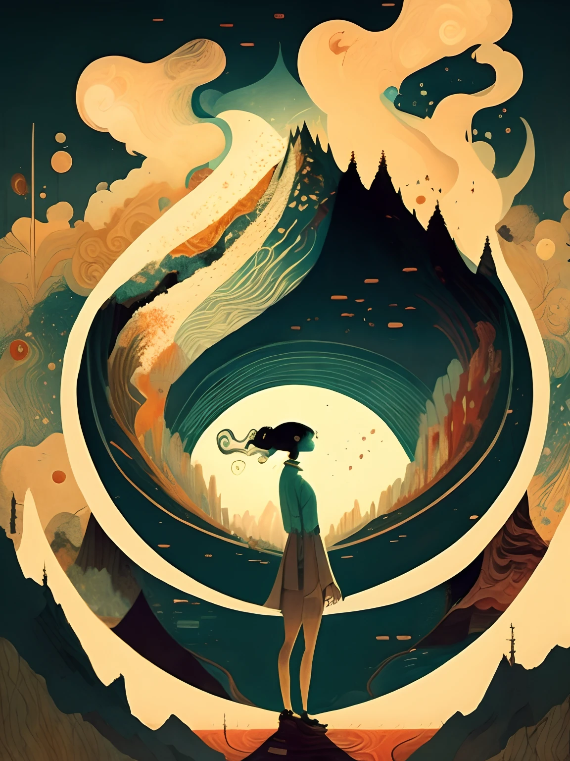 a painting of a person standing in front of a mountain with a river running through it by Victo Ngai