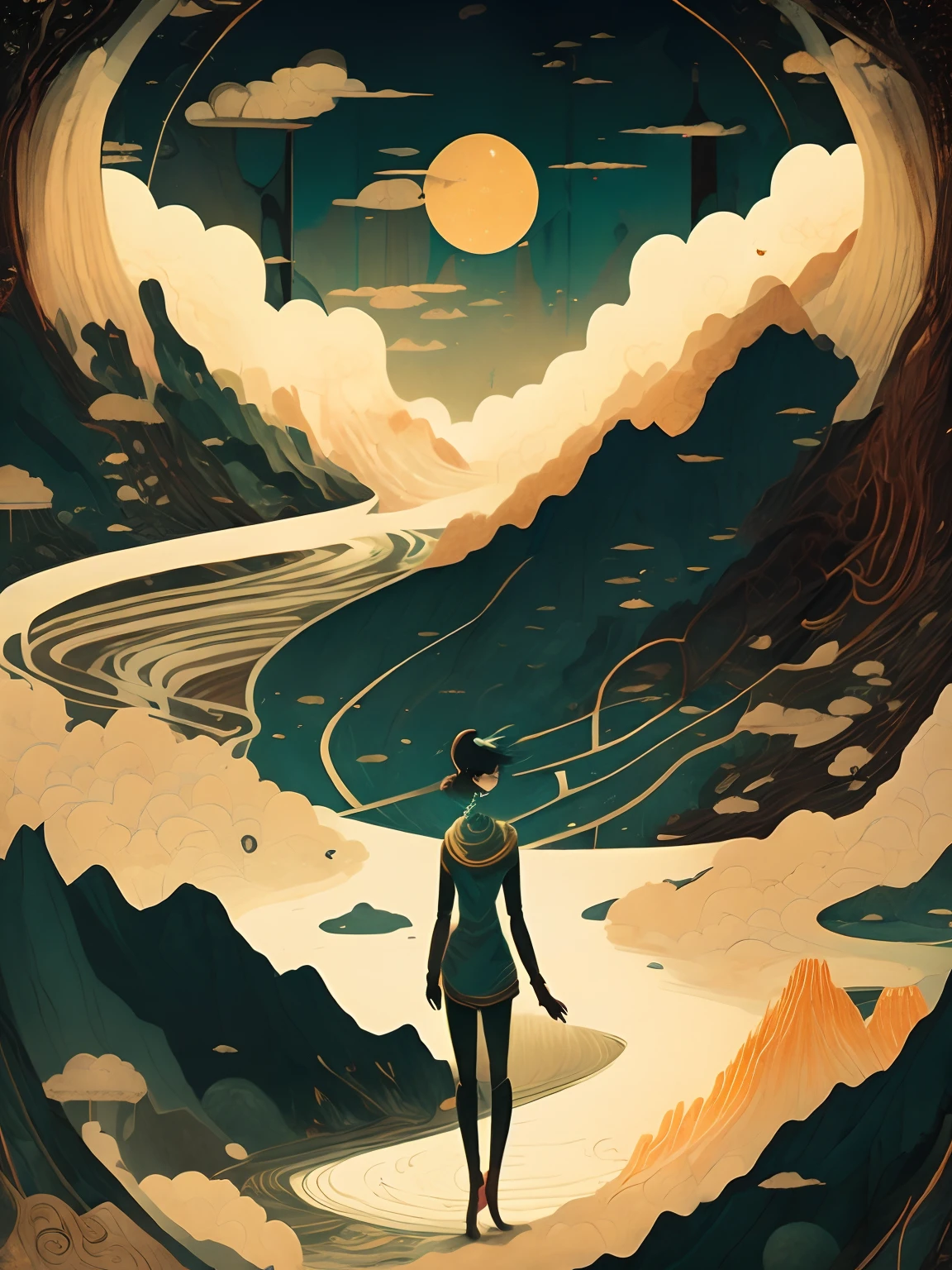 a painting of a person standing in front of a mountain with a river running through it by Victo Ngai