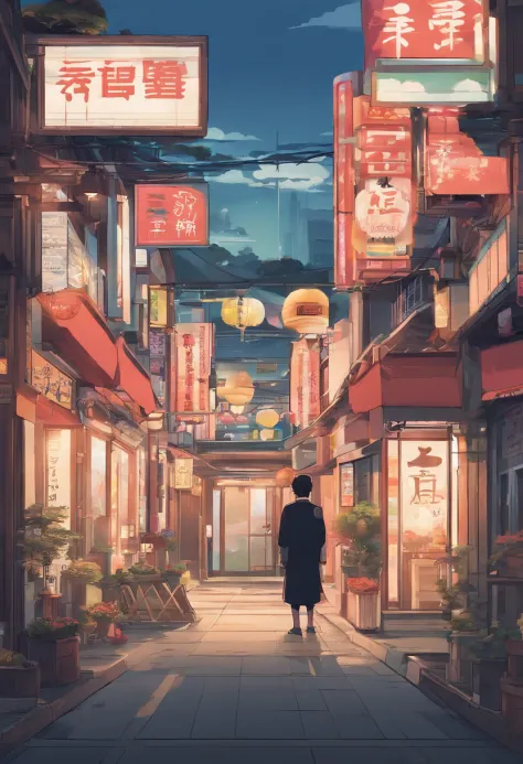 Anime - style painting of a man standing in front of a store, Tokyo Anime Scene, japanese street, Anime Background Art, japanese downtown, detailed scenery —width 672, anime style cityscape, japanese city, anime scenery concept art, Tokyo street background...