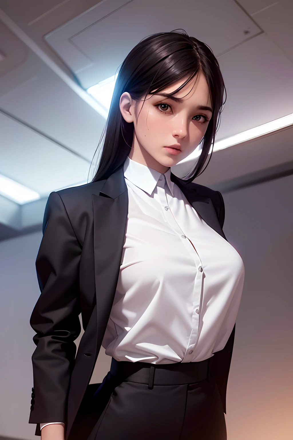 16K, HDR, RTX, raytracing, natural lighting, absurdres, best qaulity masterpiece, perfect anatomy highly detailed face, detailed eyes, 1girl, solo, wearing a business suit, white shirt, top button open, beautiful dark hair, extremely beautiful, edgy, cool, evil aura, windy, glowing eyes, serious expressions, dystopian city, futuristic, detailed background, award winning, neon lights, trending on art station