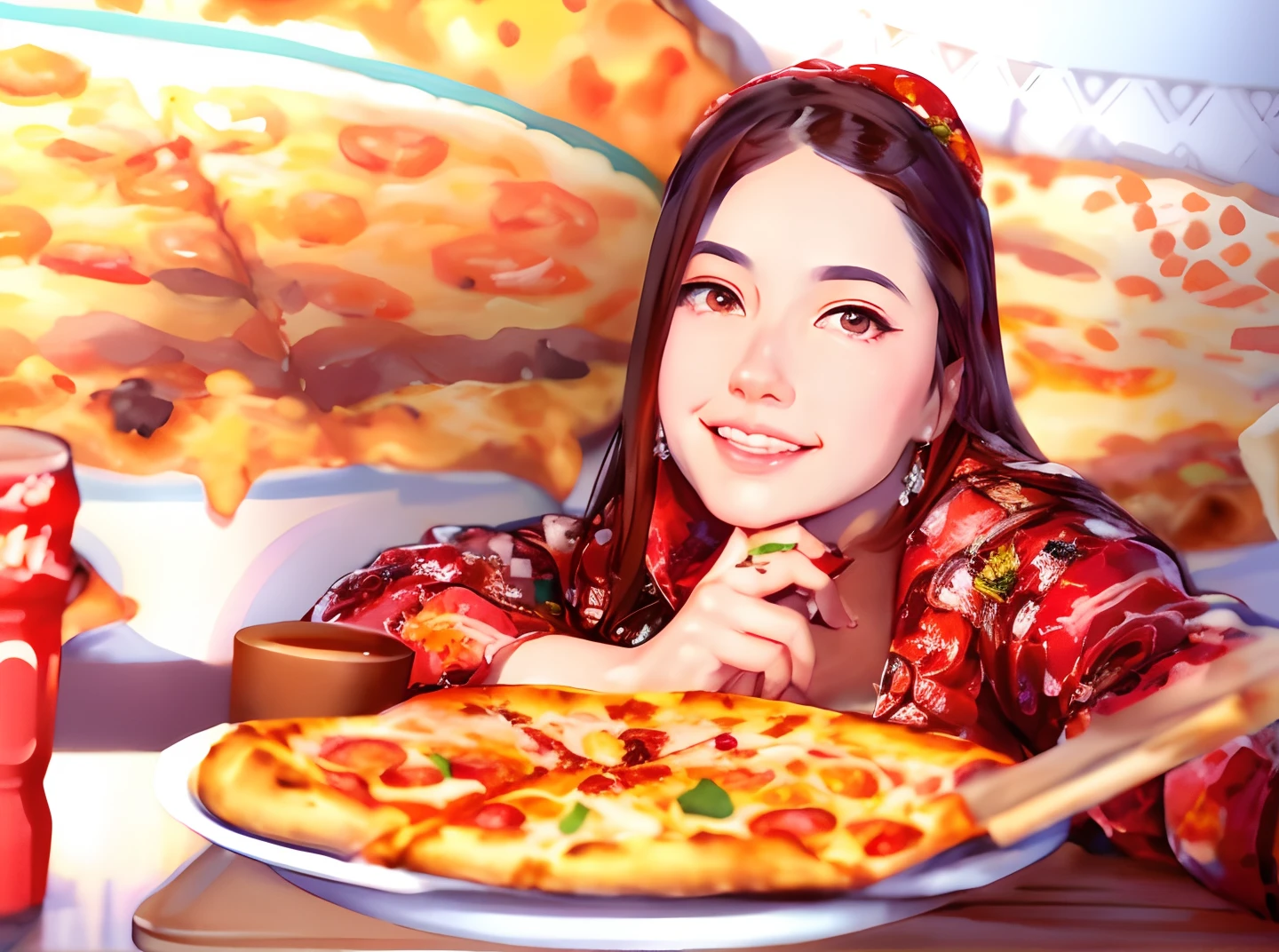 there is a woman sitting at a table with a pizza, eating pizza, amazing food illustration, eating a pizza, cartoon digital painting, realistic artstyle, holding pizza, pizza, digital cartoon painting art, pizza!, digital anime illustration, alice x. zhang, realism artstyle, artwork in the style of guweiz, stylized digital illustration, exquisite digital illustration