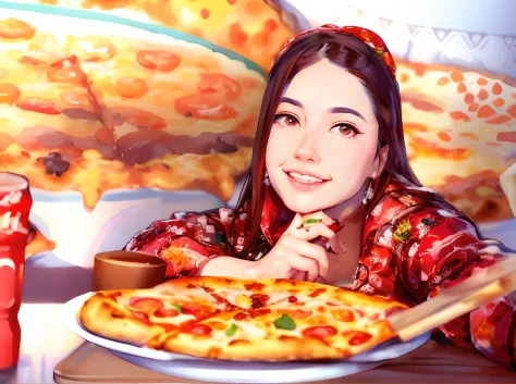 there is a woman sitting at a table with a pizza, eating pizza, amazing food illustration, eating a pizza, cartoon digital paint...
