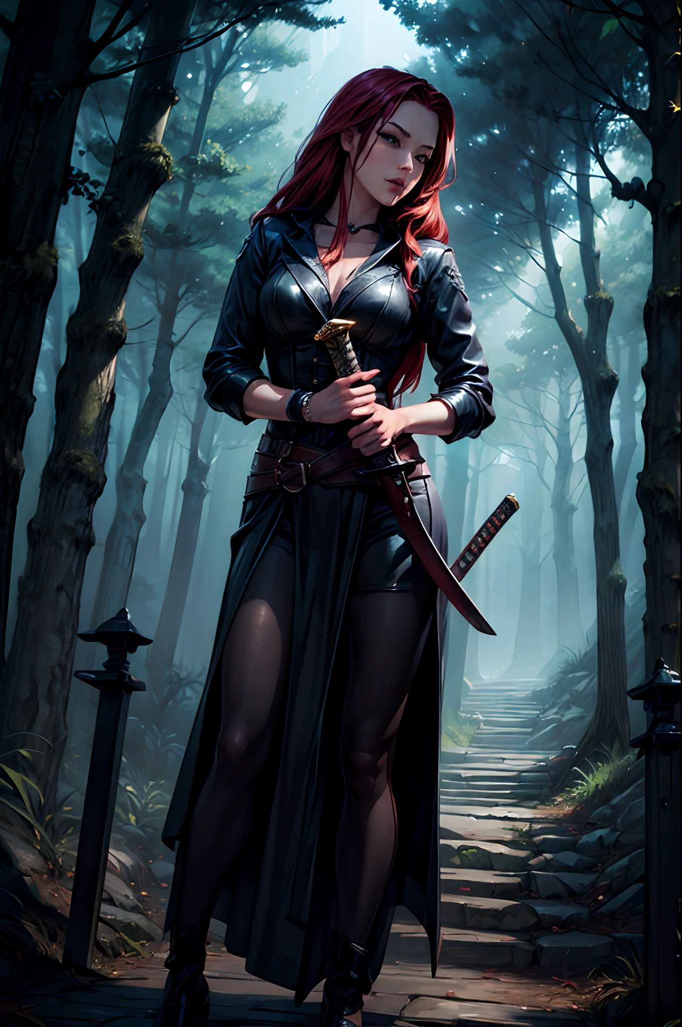 (masterpiece), (ultradetailed)hdr, 8k, (dinamic pose:1.9), realistic,   (dark forest temple at night), dark night, Female Vampire Hunter, holding a sword, , red long hair,