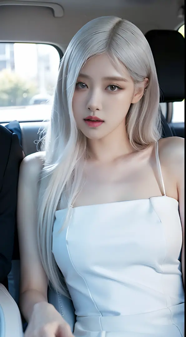 Girl with white hair, white dress, in the backseat sitting elegantly
