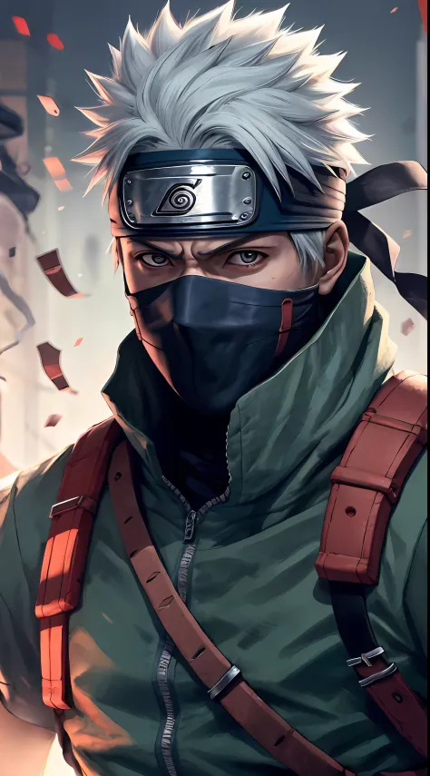 kakashi, 1boy, foco masculino, solo, brilhante, olho esquerdo vermelho, ninja, arma, olhos brilhantes, segurando, olhando para o...