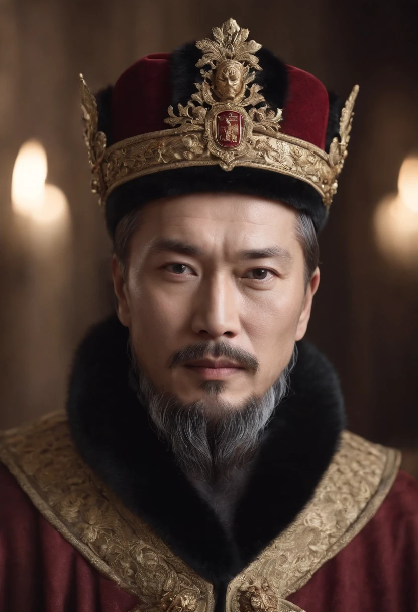 (a portrait of a Russian-Chinese emperor, black and dark red clothing, emperor, dark fantasy, beard, evil), (best quality,4k,8k,highres,masterpiece:1.2), ultra-detailed, (realistic,photorealistic,photo-realistic:1.37), oil painting, detailed facial features, intense gaze, majestic crown, intricate gold accessories, flowing robes, expression of power and authority, mysterious background, dramatic lighting, rich color palette, haunting atmosphere