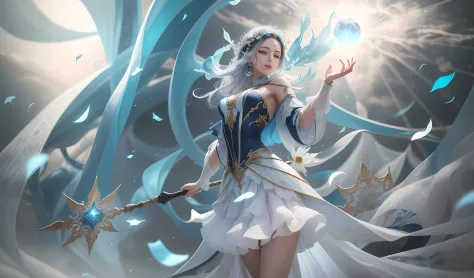 In a mystical realm, a white wind sorceress stands gracefully atop a high cliff, overlooking a vast expanse of open skies. Seu traje, as pure and delicate as wisps of clouds, dances elegantly with the gentle breeze, embodying the very essence of air. With ...