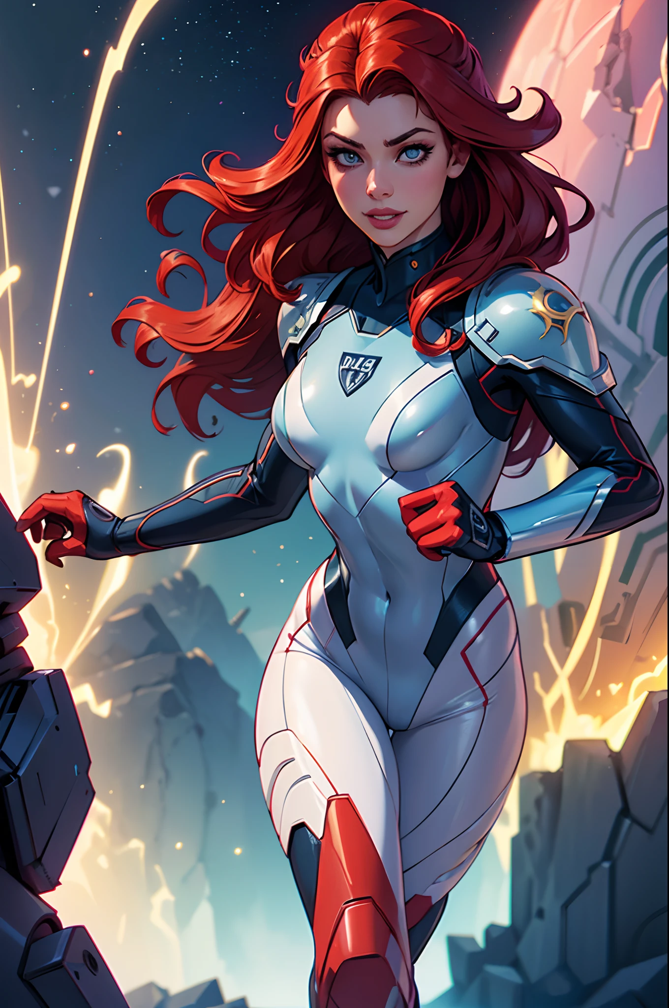 Highly detailed RAW color photo, little mermaid, long red wavy hair, space ranger cyber neon costume, large helmet, dynamic running pose, smile at you, (detailed skin), (detailed lips), (detailed eyes), (cosmic: 1.4), (necropolis: 1.1), (detailed face), (athletic), detailed eyes, glossy lips, space war with planets in background, chromatic aberration, depth of field, soft lighting, masterpiece, best quality, intricate, (lens reflection: 0.7), (flowering: 0.7), particle effects, ray tracing, tone mapping, highly detailed, concept art, smooth, sharp focus, dramatic lighting, highly detailed art, cinematic, hyper-realistic painting, trending on Artstation, 8K, amazing shadows, realistic, (highly detailed background: 1.2), mid-journey art