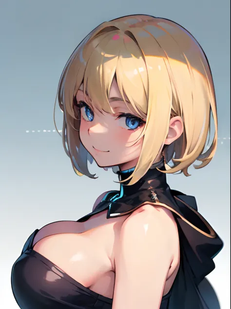 gotic girl, blond and short hair, front view, white empty environment, blue eyes, smile, black short translucent clothes, sexy, top up view, focus on face