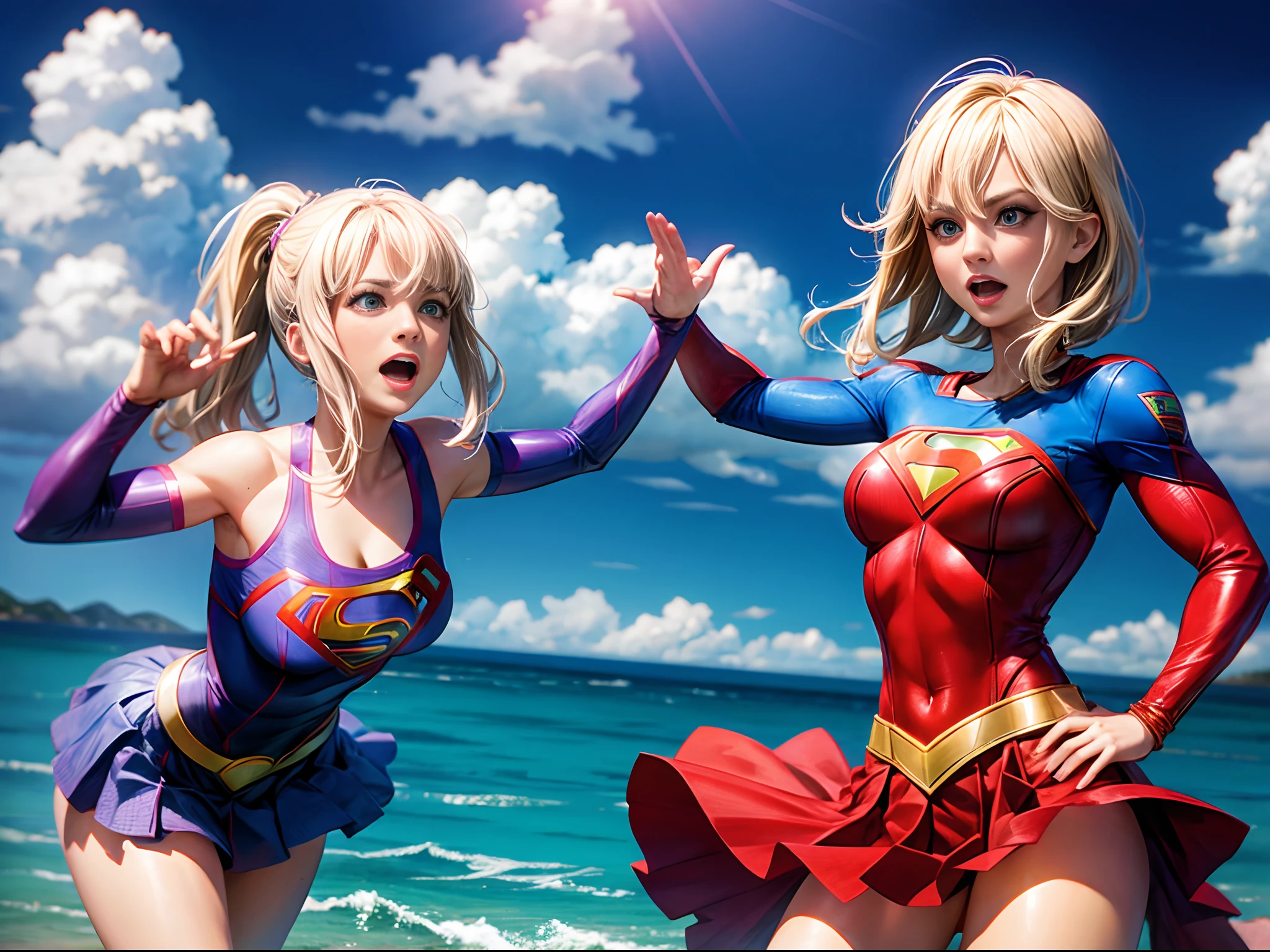 Two women dressed in costumes of superhero and wonder wonder standing on  the beach - SeaArt AI