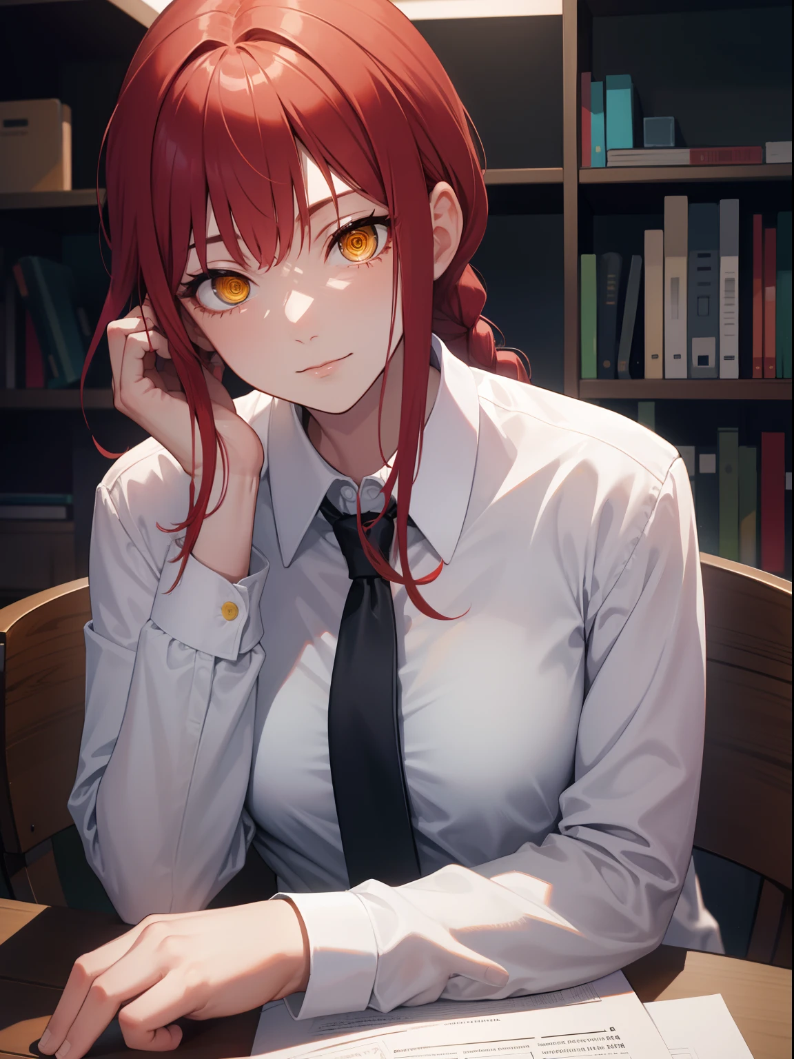 Anime girl with red hair and tie sitting at a table - SeaArt AI