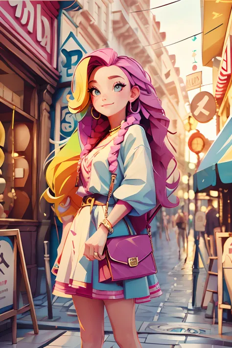 colorful girl with braided long hair, nice street background