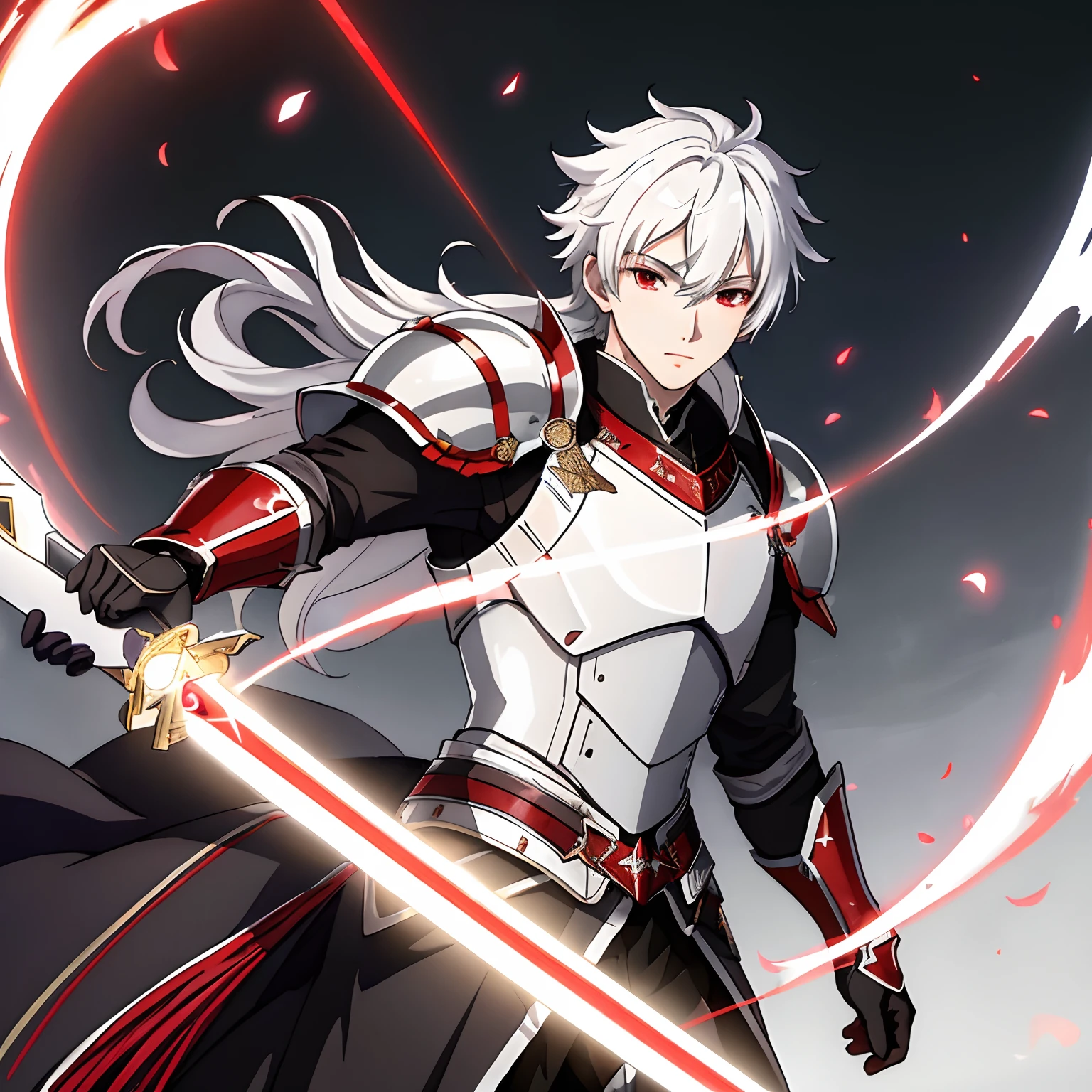 (Masterpiece,best quality:1.2),1boy,solo,white hair ,red eyes, Kuga Yuma, black armour, light swordcharacter art,8k,64k, HD, unparalleled masterpiece, dynamic lighting, cinematic, epic, highest quality digital art, Stunning art,