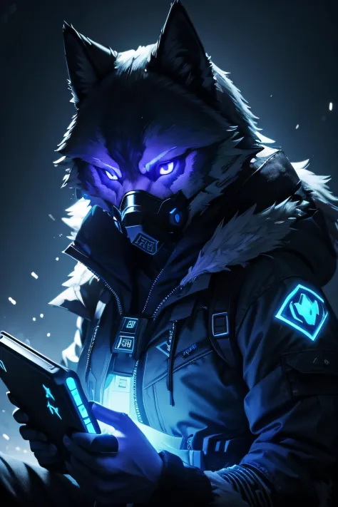 radioactive wolf gamer glowing blue, fortnight, female